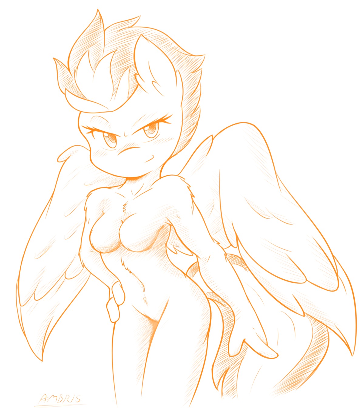 2014 absurd_res ambris anthro anthrofied biped breasts digital_drawing_(artwork) digital_media_(artwork) e621 equid equine feathered_wings feathers female friendship_is_magic genitals hair hasbro hi_res mammal monochrome my_little_pony mythological_creature mythological_equine mythology nude orange_and_white pegasus simple_background solo spitfire_(mlp) standing vulva white_background wings wonderbolts_(mlp)