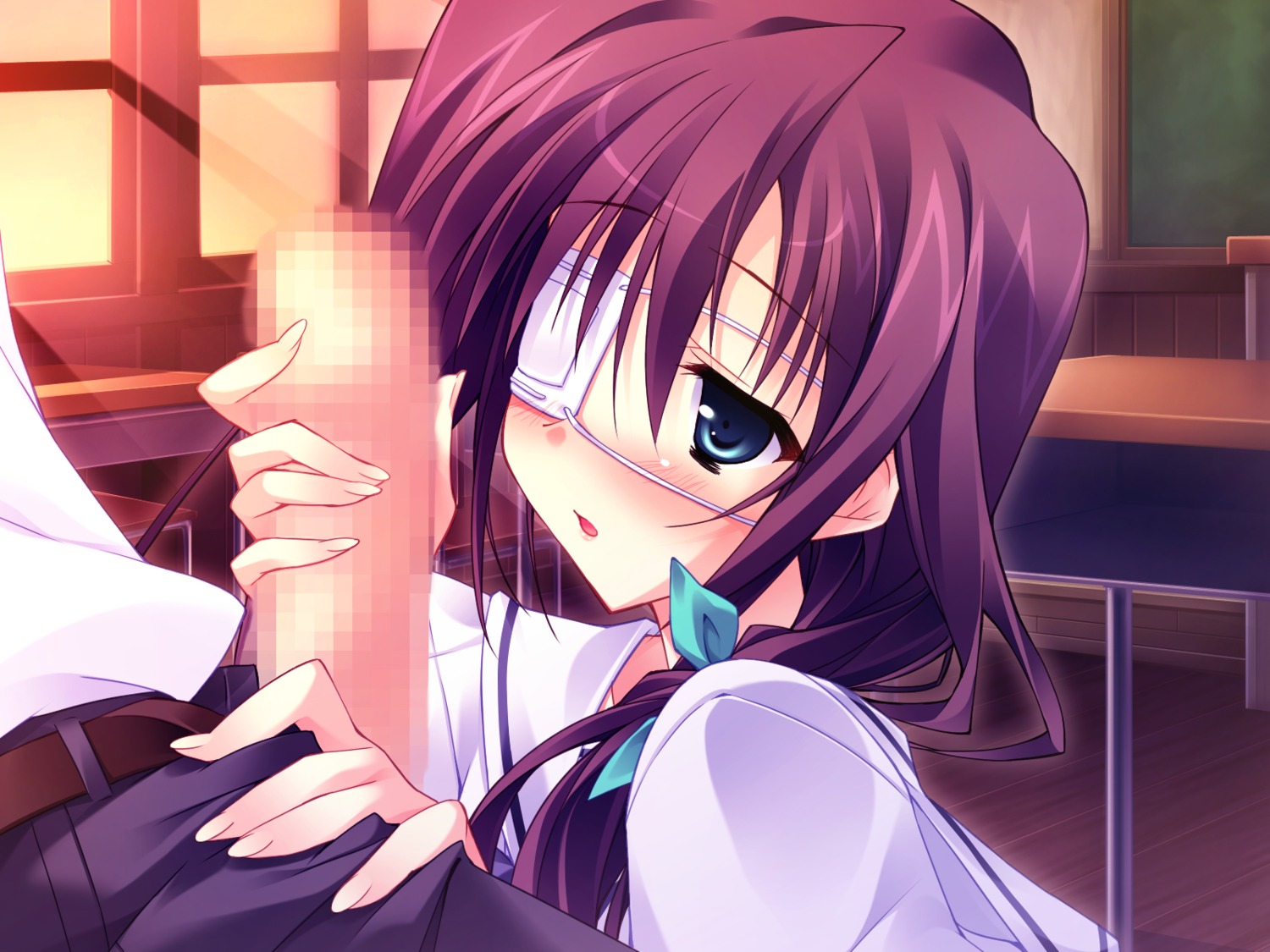 blush censored eye_patch fellatio female game_cg green_eyes hair hanasaki_uri harukazedori_ni_tomarigi_wo_2nd_story oral purple_hair rule34 short_hair