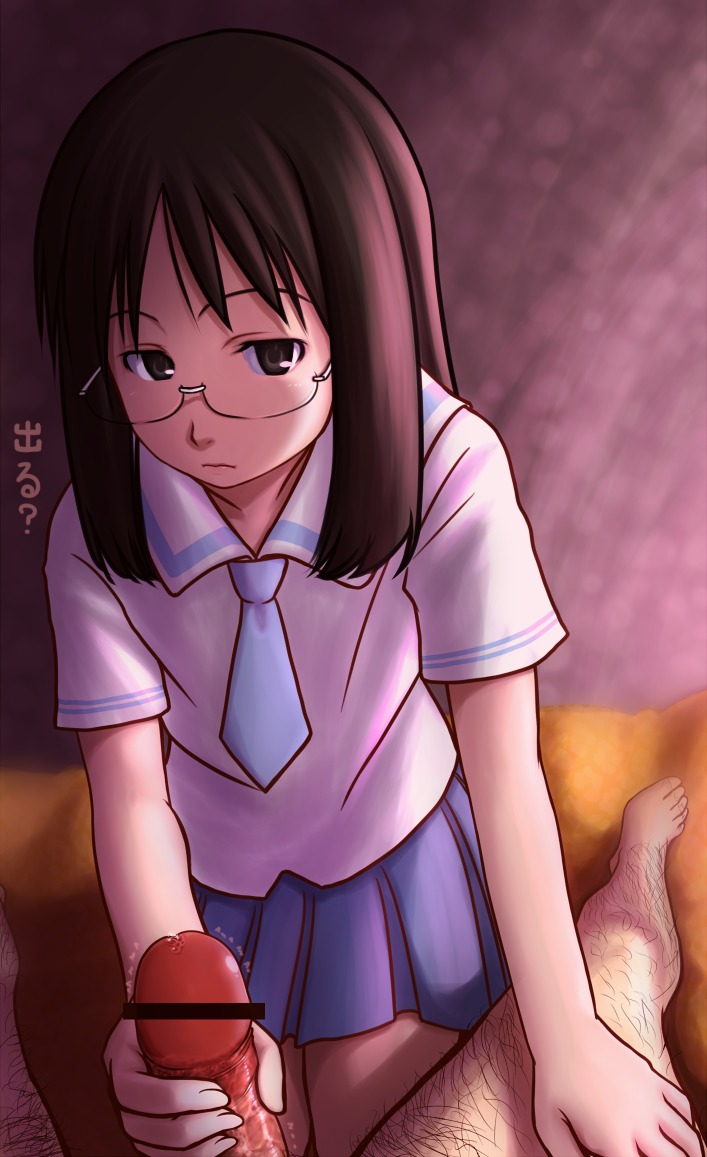 black_hair censored expressionless glasses handjob kamisuki long_hair male minakami_mai necktie nichijou penis pov rule34 school_uniform serafuku short_sleeves skirt