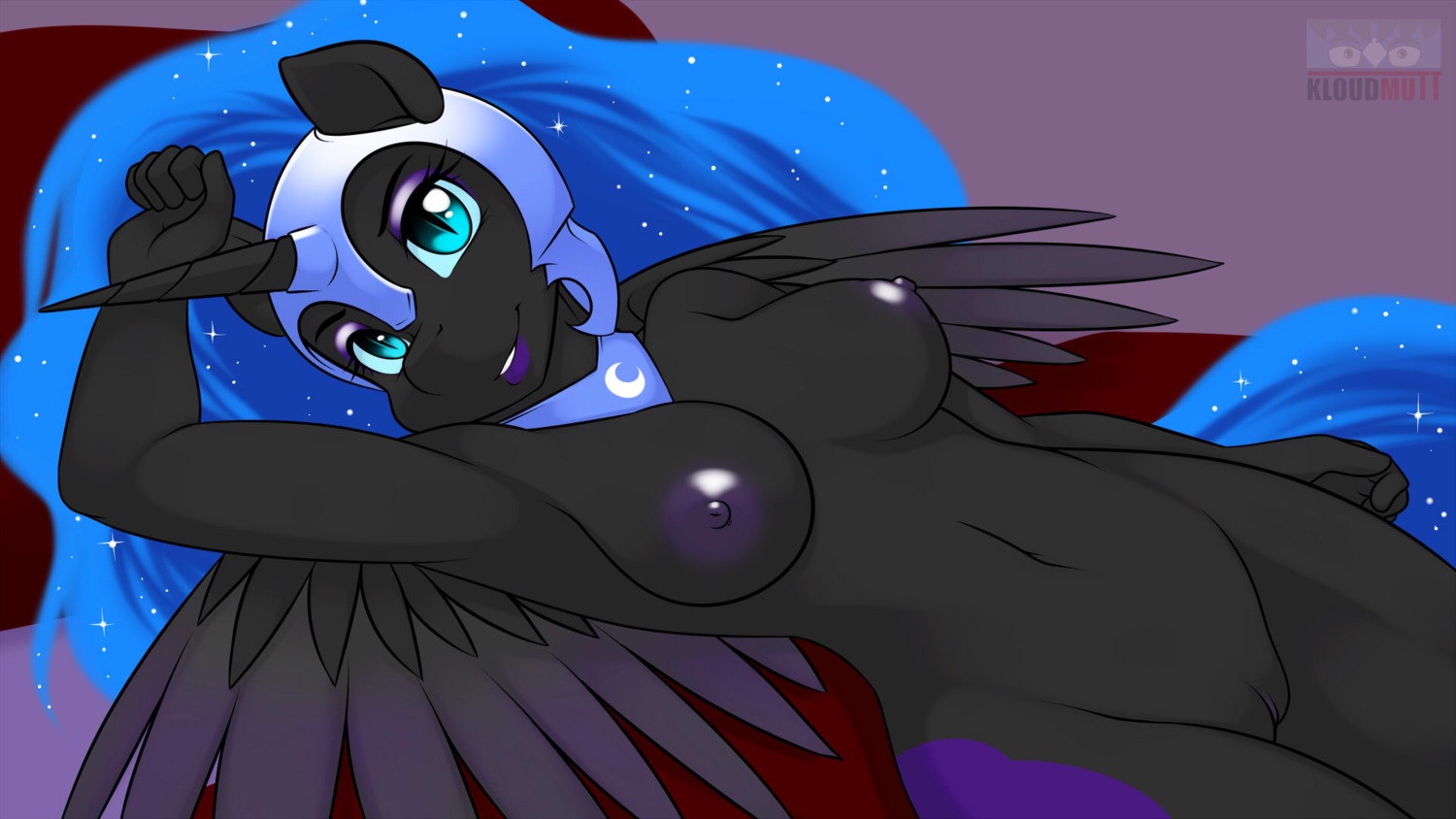16:9 2014 anthro anthrofied armor biped black_body black_feathers blue_eyes blue_hair breasts cutie_mark digital_media_(artwork) e621 equid equine eyelashes eyeshadow feathered_wings feathers female friendship_is_magic genitals hair hasbro headgear helmet hi_res horn jewelry kloudmutt lipstick looking_at_viewer lying makeup mammal moon my_little_pony mythological_creature mythological_equine mythology navel necklace nightmare_moon_(mlp) nipples nude pupils purple_eyeshadow purple_lipstick slit_pupils solo sparkles vulva widescreen winged_unicorn wings
