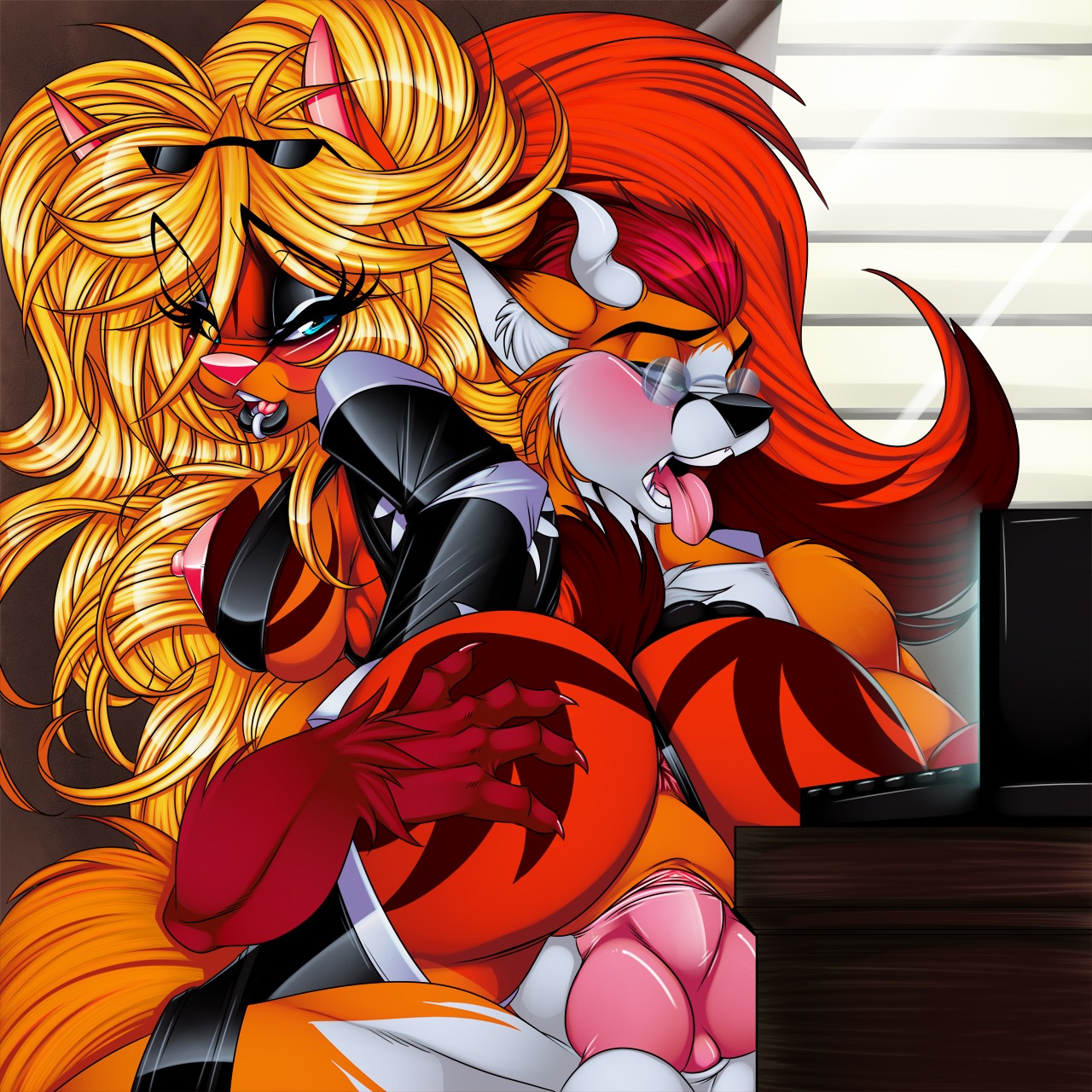 1:1 2012 angel_kryis animal_genitalia animal_penis anthro anus balls big_breasts big_butt black_lips black_nose blonde_hair blue_eyes blush breasts brown_body brown_fur butt canine_genitalia canine_penis clothed clothing crystal-for-ever digital_media_(artwork) domestic_cat duo e621 erection eyewear facial_piercing fangs felid feline felis female female_focus female_penetrated fur genitals hair hi_res horn jacket knot legwear lip_piercing lip_ring lips long_hair looking_back makeup male male/female male_penetrating male_penetrating_female mammal nipples orange_body orange_fur penetration penile penile_penetration penis penis_in_vagina piercing pink_nose red_hair ring_piercing sex sheath solo_focus stockings sunglasses tail teeth thong tongue tongue_out topwear underwear vaginal vaginal_penetration vulva white_body white_fur yellow_body yellow_fur