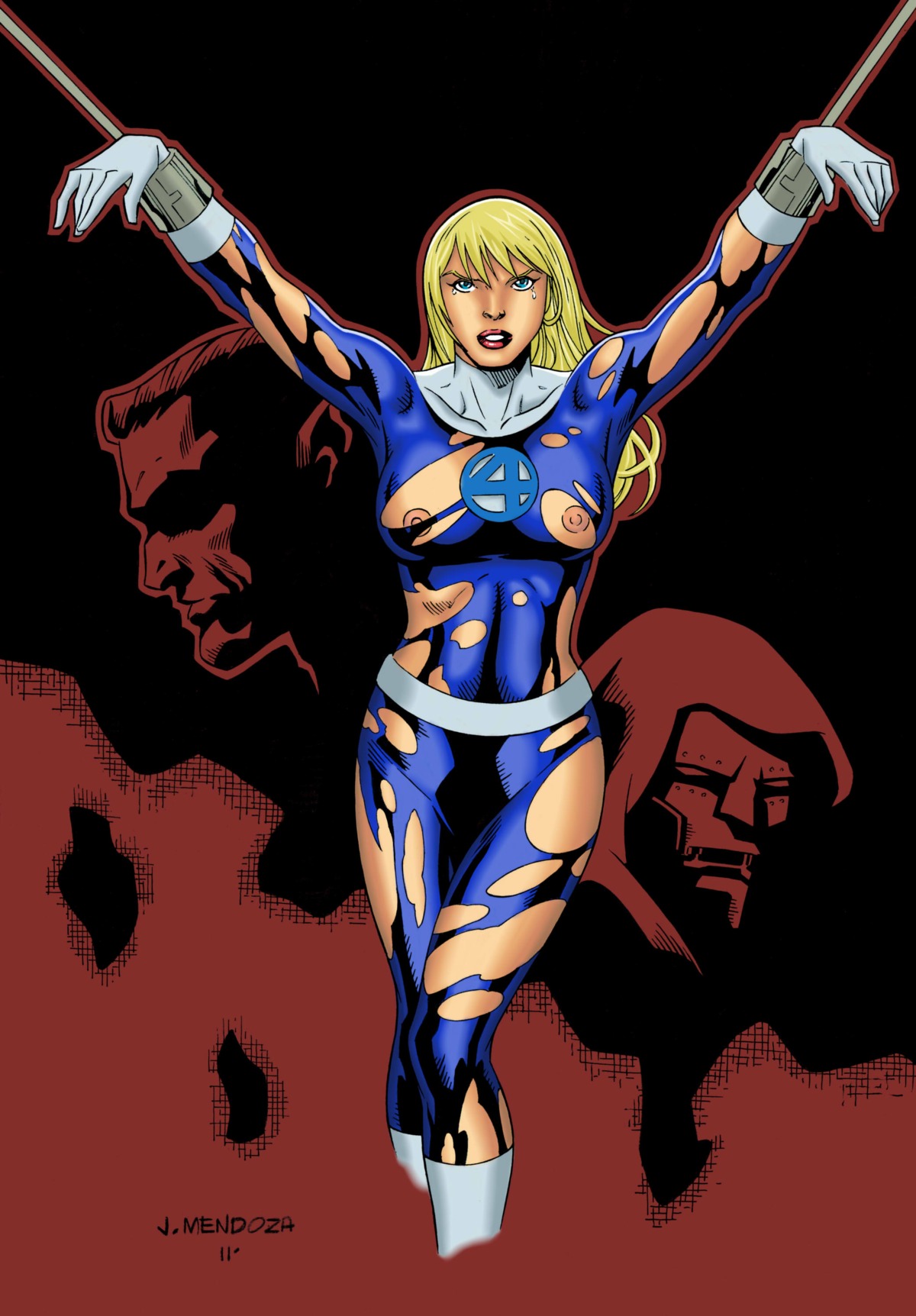 arms_up bondage breasts color fantastic_four female invisible_woman marvel marvel_comics nipples rule34 sue_storm superheroine tears torn_clothes