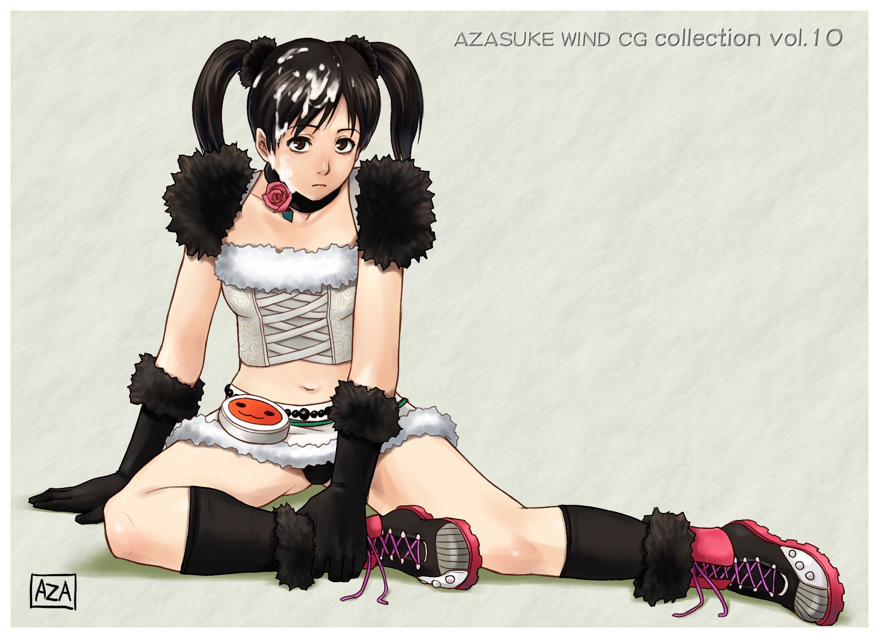 arm_support azasuke black_hair black_panties boots brown_eyes bustier choker cum cum_on_body cum_on_hair cum_on_upper_body facial female female_only flower footwear gloves highres human ling_xiaoyu lingerie looking_at_viewer midriff miniskirt namco navel panties pantyshot rose rule34 sitting skirt socks solo tekken tekken_3 tied_hair twintails underwear