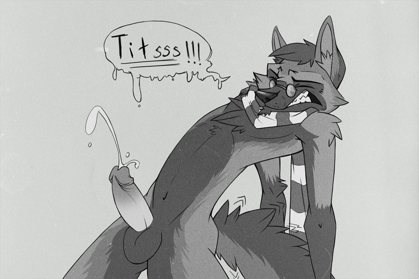 anthro balls bodily_fluids canid canine cross_fox cum cumshot dashwood_fox dialogue dragondrawer e621 ejaculation english_text erection eyes_closed eyewear fox genital_fluids genitals glasses greyscale hands-free humanoid_genitalia humanoid_penis male mammal monochrome orgasm penis red_fox solo text true_fox