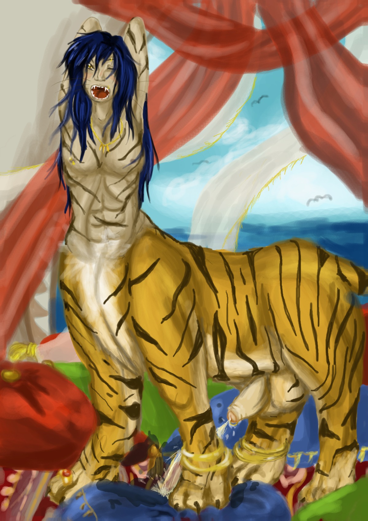 absurd_res bodily_fluids digitigrade domestic_cat e621 felid feline felis genital_fluids genitals hi_res humanoid_taur kaeaskavi male mammal nude open_mouth pantherine peeing penis quadruped solo tail taur tiger urine watersports yawn