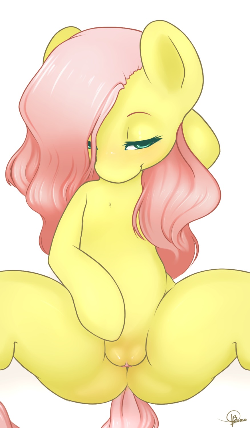 2013 blue_eyes blush butt e621 equid equine female fluttershy_(mlp) friendship_is_magic fur genitals hair half-closed_eyes hasbro hi_res horse looking_at_viewer lying mammal my_little_pony narrowed_eyes on_back pink_hair pony presenting presenting_vulva signature simple_background solo spread_legs spreading terrabutt vulva white_background yellow_body yellow_fur