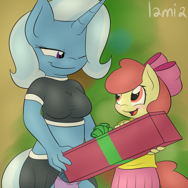1:1 accessory anthro anthrofied apple_bloom_(mlp) balls_in_underwear blush bottomwear bow_(feature) bow_accessory bow_ribbon clothed clothing crossgender dick_in_a_box digital_media_(artwork) duo e621 earth_pony equid equine erection eye_contact female friendship_is_magic genitals grey_hair gynomorph hair hair_accessory hair_bow hair_ribbon hasbro horn horse intersex lamiaaaa looking_at_another mammal my_little_pony mythological_creature mythological_equine mythology one_eye_closed open_mouth orange_eyes panties penis pony purple_eyes red_hair ribbons shirt short_hair skirt smile tail topwear trixie_(mlp) underwear unicorn wink young young_anthro