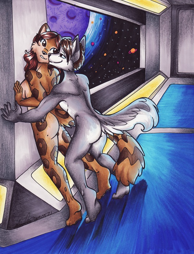 against_surface against_wall anthro anthro_on_anthro breasts brown_eyes brown_hair canid canine canis duo e621 female from_behind_position hair male male/female mammal nude planet sex side_boob sonitweek space space_station tail wolf