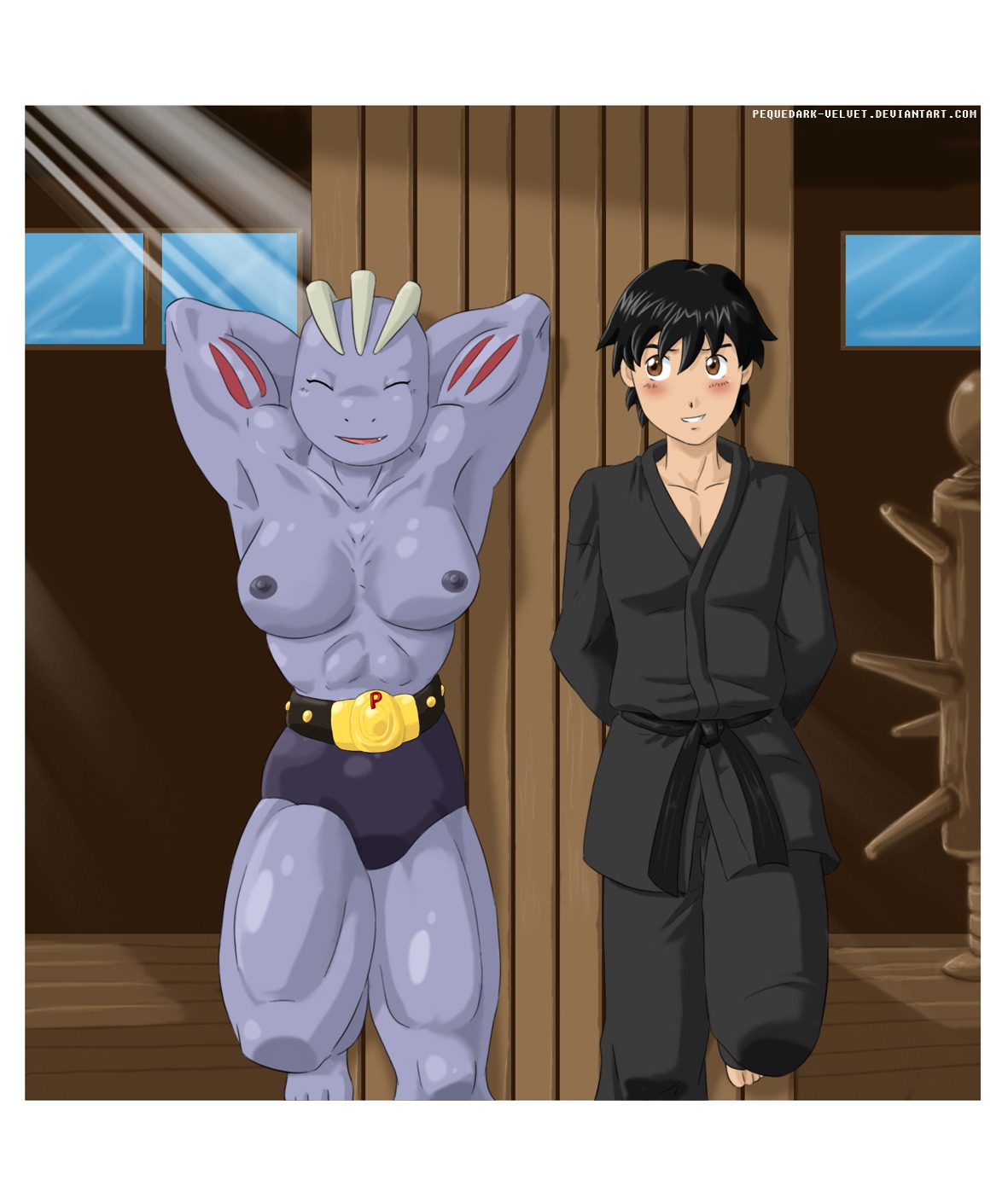 1boy 1girls breasts clothes color day female female_machoke front_view grey_skin human indoors interspecies machoke male nipples pokemon pokemon_(species) pokephilia rule34 tagme topless window