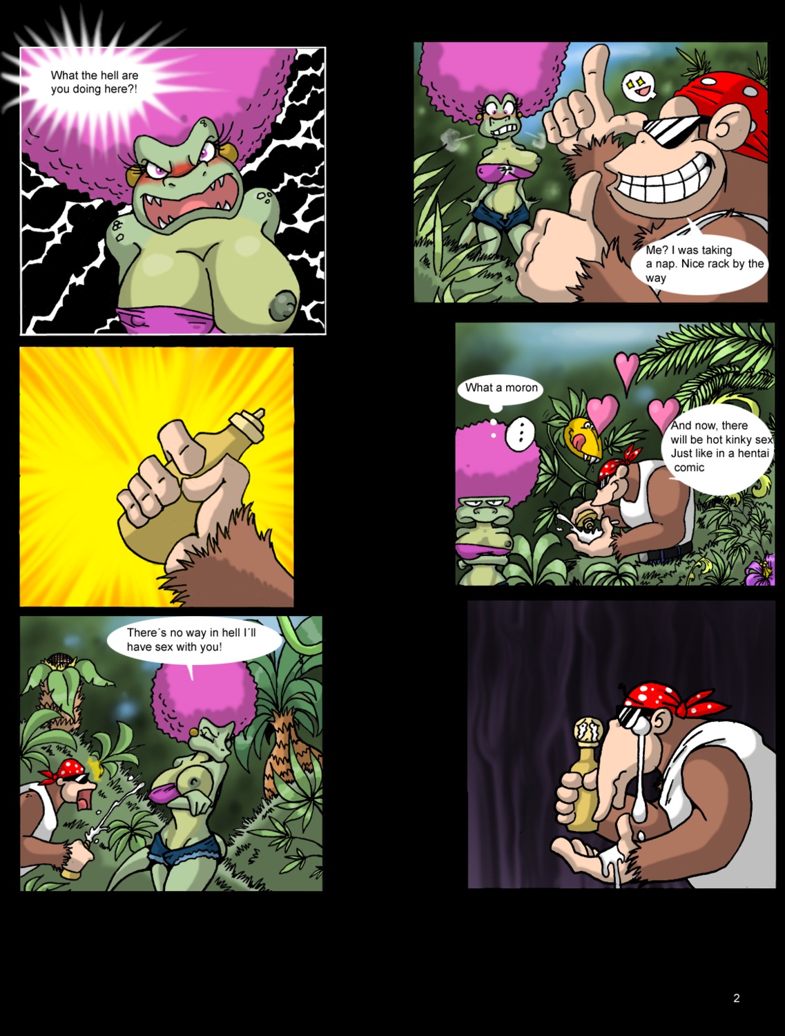 angry anthro bandana breasts clothing comic day donkey_kong_(series) female funky_kong fur gorilla holding interspecies jungle kalypso kong kremling lordstevie male male/female mammal nintendo nipples outdoors primate rejection rule34 scalie smile sunglasses tanktop text