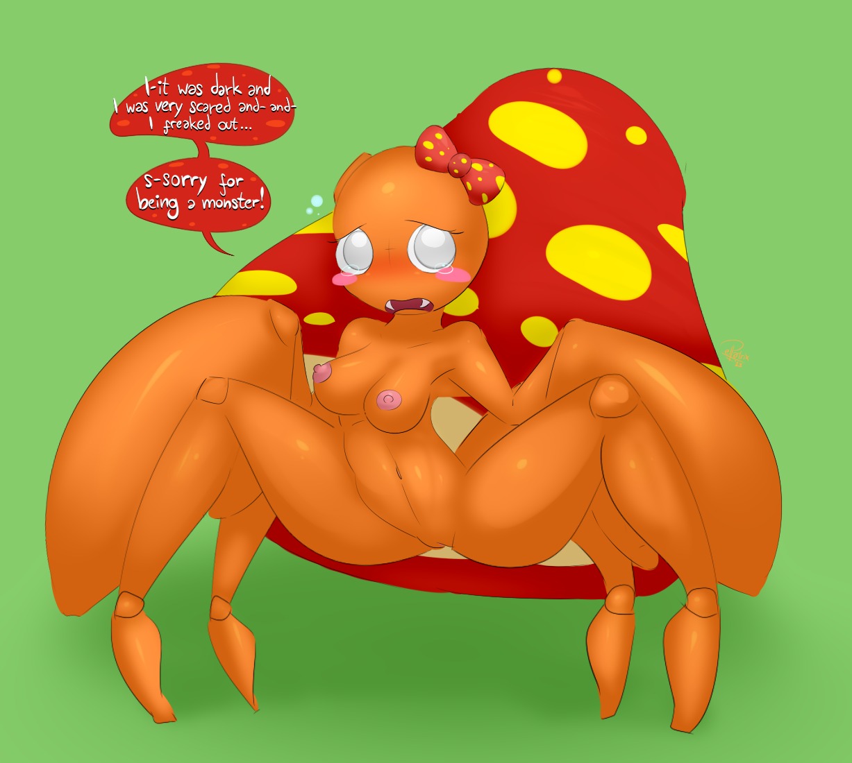 2013 accessory arthropod blush bow_(feature) bow_accessory bow_ribbon breasts claws dialogue digital_media_(artwork) e621 elpatrixf english_text fangs female fungus generation_1_pokemon genitals green_background grey_eyes hair_accessory hair_bow hair_ribbon insect mushroom nintendo nipples non-mammal_breasts non-mammal_nipples parasect pink_nipples pokemon pokemon_(species) ribbons simple_background solo speech_bubble teeth text vulva