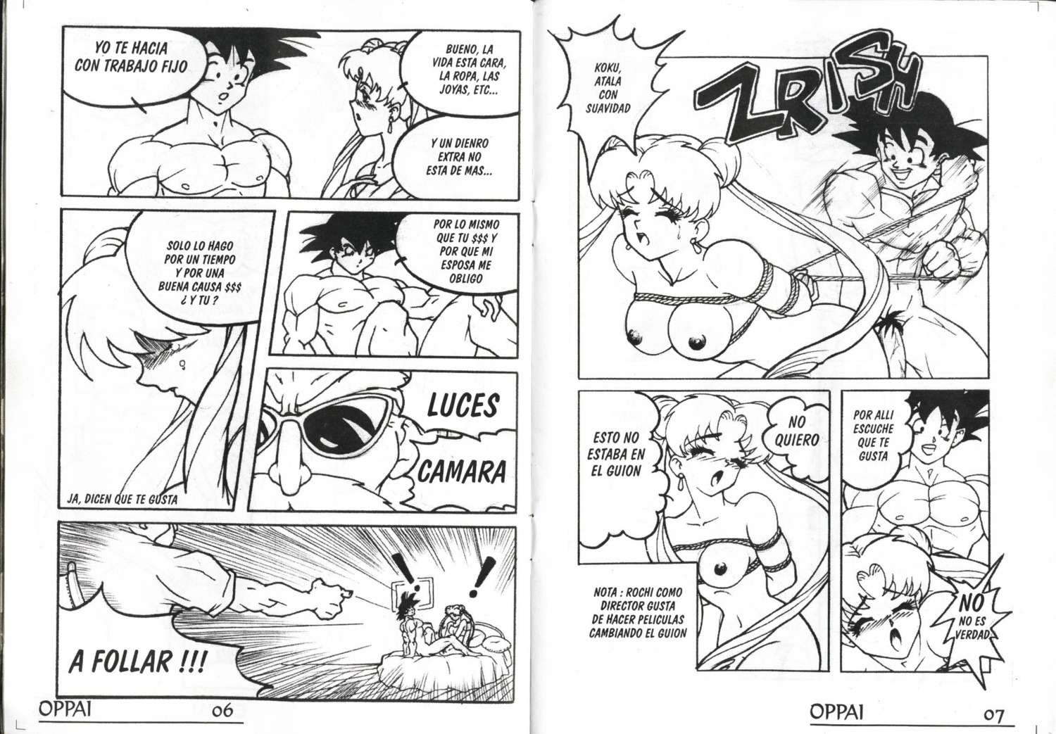 abs artist_request bed biceps bishoujo_senshi_sailor_moon bodybuilder bondage breasts comic dragon_ball dragon_ball_z female glasses goku master_roshi monochrome muscles nipples pectorals pubic_hair rope rule34 small_breasts son_goku spanish_text straight straight_hair usagi_tsukino