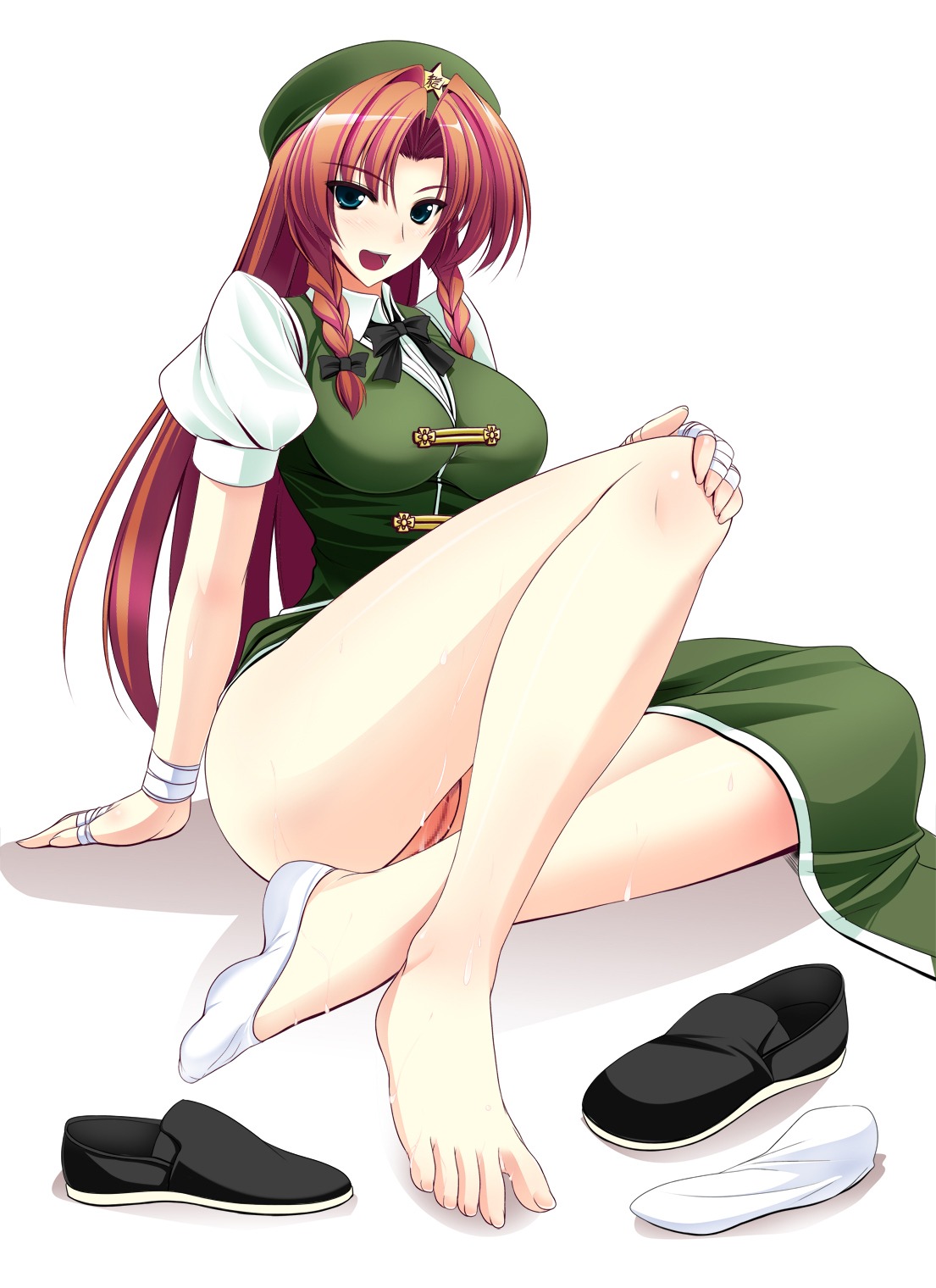 1girls bandages bare_legs bare_toes barefoot blue_eyes blush braid censored cum feet female footwear hat highres hong_meiling long_hair long_legs looking_at_viewer mosaic_censoring naturalton no_panties no_shoes one_bare_foot open_mouth pussy red_hair rule34 shoes shoes_removed single_sock socks socks_removed solo sweat toes touhou twin_braids unworn_shoes unworn_socks