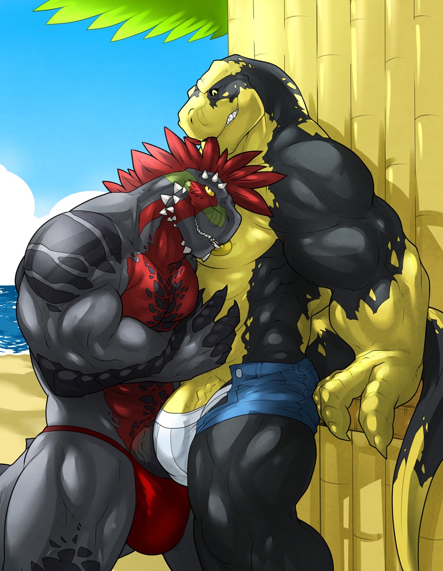 2013 abs anthro argonian beach biceps big_muscles big_penis black_body black_penis black_skin bottomwear briefs bulge claws clenched_teeth clothed clothing detailed_background diarmaidhutchence dinosaur duo e621 erection fangs genitals green_body green_skin grey_body grey_skin grin hair horn hug kokukokuboo licking male male/male markings microsoft muscular muscular_male nipple_piercing nipples open_mouth outside pecs penis penis_base piercing pose prehistoric_species red_body red_hair red_skin reptile sand saurischian scales scalie sea seaside shorts side_view sky smile speedo standing stripes swimwear tagg teeth the_elder_scrolls theropod thick_penis thong tongue tongue_out topless tyrannosaurid tyrannosauroid tyrannosaurus tyrannosaurus_rex underwear vein water yellow_body yellow_eyes yellow_nipples yellow_skin zeke_(diarmaidhutchence)