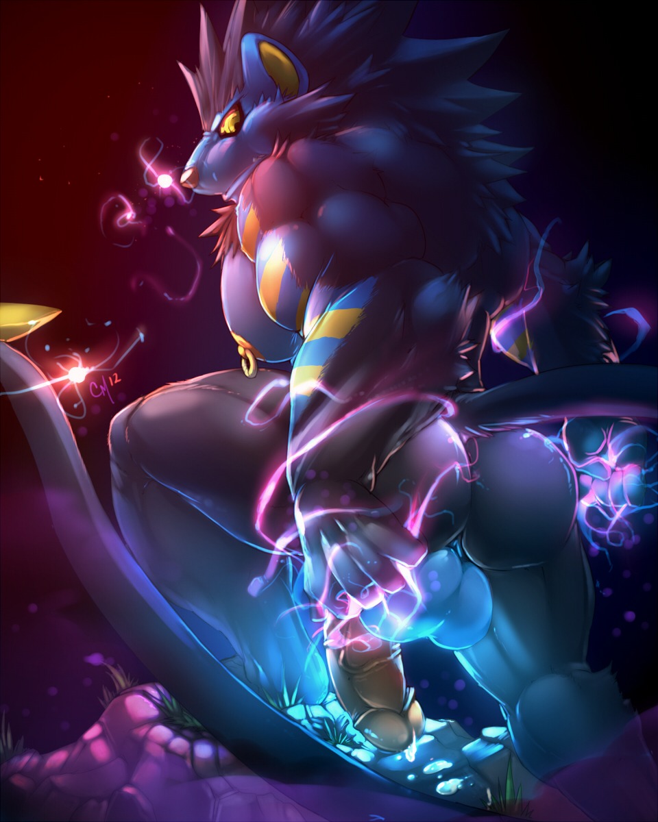 4:5 anthro balls biceps big_muscles big_penis black_body black_fur bodily_fluids e621 electricity felid fur generation_4_pokemon genital_fluids genitals half-erect hi_res humanoid_genitalia humanoid_penis komboochie luxray male mammal muscular muscular_anthro muscular_male nintendo nude pecs penis piercing pokemon pokemon_(species) pokemorph pose precum solo tail