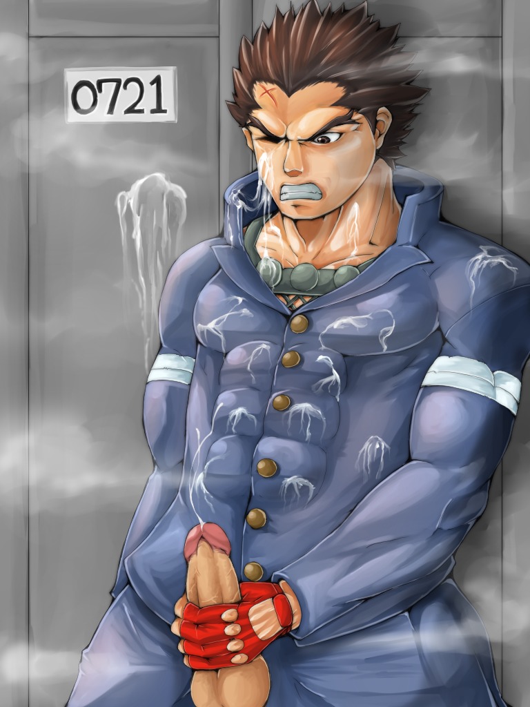 1boy abs balls batsu_ichimonji brown_hair cheruberu clothed clothed_masturbation clothing cum cum_on_body cum_on_face cum_on_penis cumshot fingerless_gloves male male_only masturbation muscles muscular muscular_male orgasm pecs penis penis_through_fly rival_schools rule34 scar solo