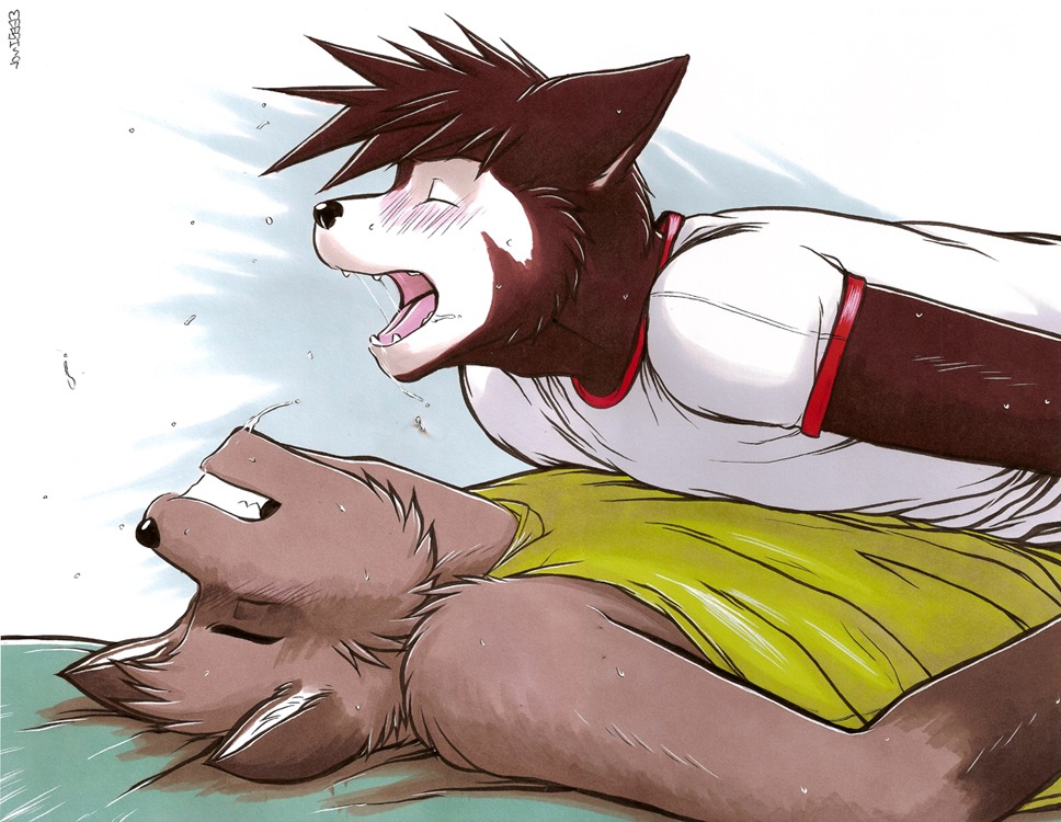 2007 anthro anthro_on_anthro arm_tuft blue_background blush bodily_fluids brown_body brown_fur canid canine canis cheek_tuft clenched_teeth clothed clothed_sex clothing colored digital_media_(artwork) domestic_dog duo e621 eyes_closed facial_tuft fangs final_thrust flying_sweatdrops from_front_position fucked_silly fur head_back head_tuft inner_ear_fluff light looking_pleasured lying male male/male mammal marker_(artwork) meesh missionary_position multicolored_body multicolored_fur obscured_penetration obscured_sex offscreen_sex on_back on_front open_mouth orgasm orgasm_face pink_tongue procyonid raccoon saliva saliva_string sex shaded shirt side_view signature simple_background suggestive sweat sweatdrop tank_top teeth tongue topwear traditional_media_(artwork) tuft two_tone_body two_tone_fur white_background white_body white_clothing white_fur white_topwear yellow_clothing yellow_topwear
