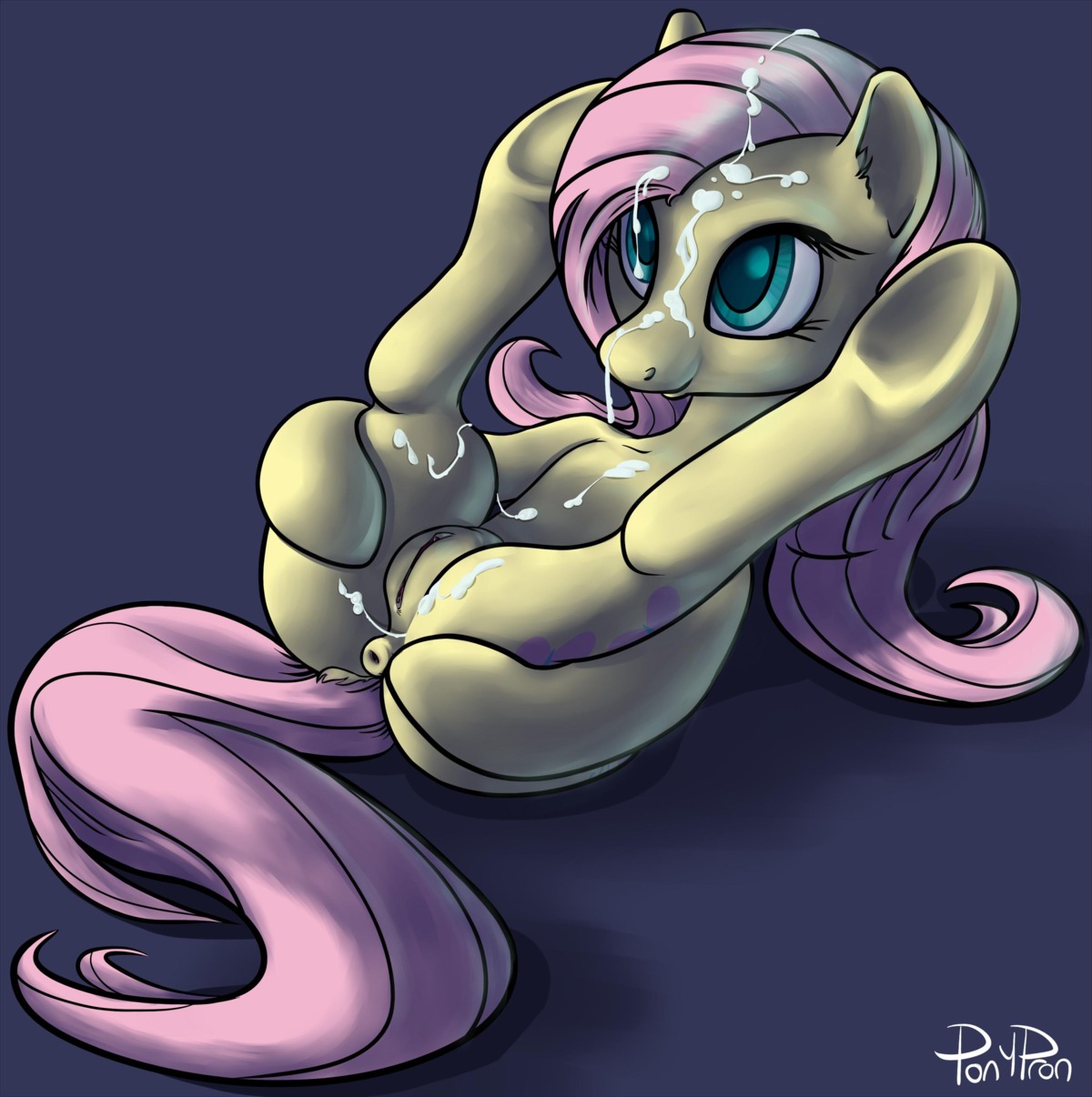 2013 absurd_res anus bodily_fluids butt cum cutie_mark e621 english_text equid equine female feral fluttershy_(mlp) friendship_is_magic fur genital_fluids genitals green_eyes hair hasbro hi_res horse lying mammal my_little_pony on_back pink_hair pony ponypron presenting signature solo spread_legs spreading text vulva yellow_body yellow_fur