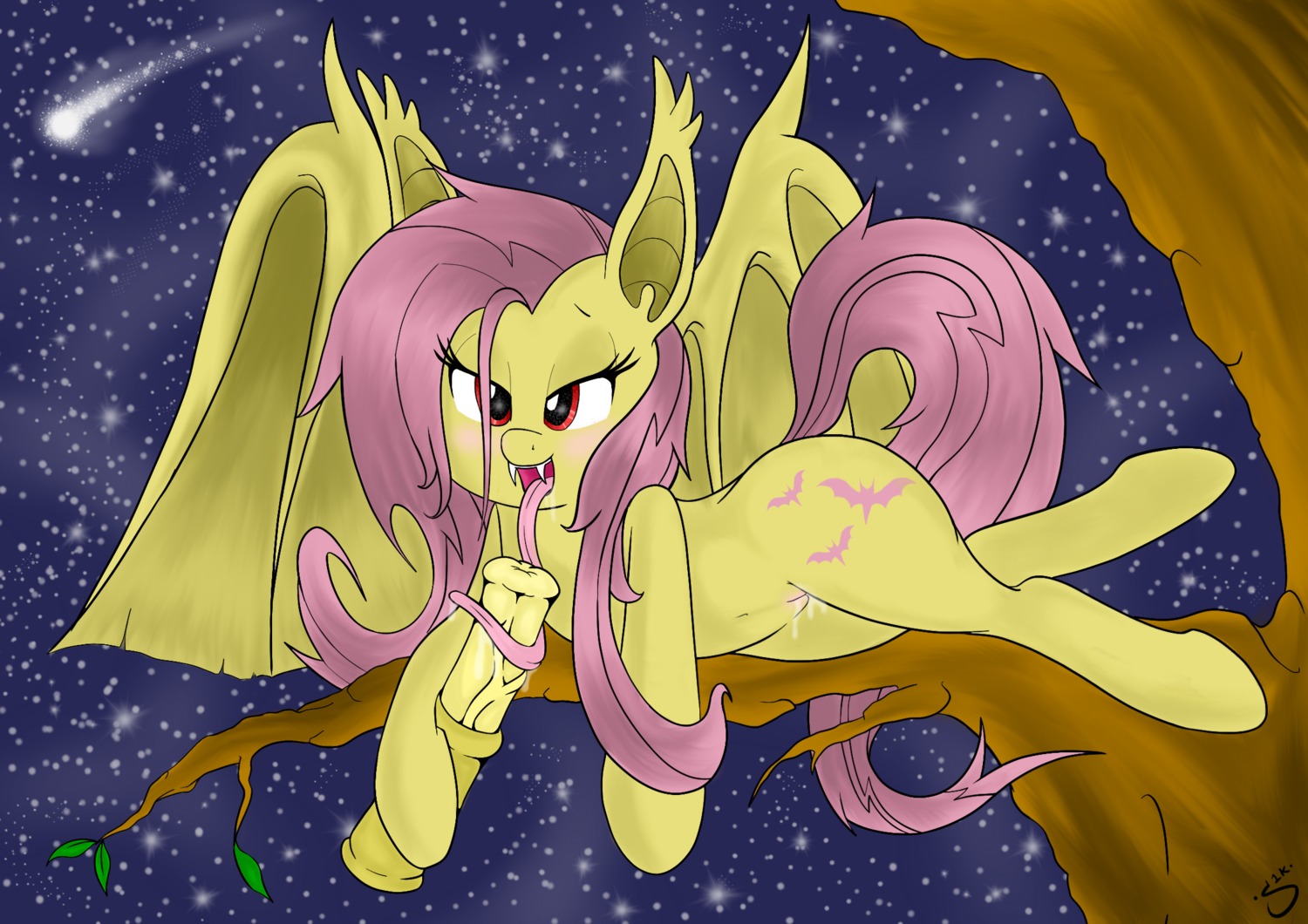 animal_dildo animal_sex_toy bat_pony bat_wings bedroom_eyes blush bodily_fluids cutie_mark dildo dildo_lick e621 equid equine_dildo fangs female feral flutterbat_(mlp) fluttershy_(mlp) friendship_is_magic fur genital_fluids genitals hair half-closed_eyes hasbro hi_res hooves hybrid licking long_tongue looking_at_viewer mammal membrane_(anatomy) membranous_wings my_little_pony narrowed_eyes night open_mouth outside pink_hair plant red_eyes saliva seductive sex_toy shooting_star silveronekunai sky solo star starry_sky teeth tongue tongue_out tree vaginal_fluids vulva wings yellow_body yellow_fur