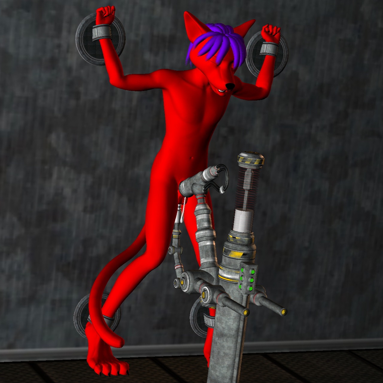 3d anthro feline fur furry fursat hair male milking milking_machine penis penis_milking purple_hair red_fur rule34 tokes_cat