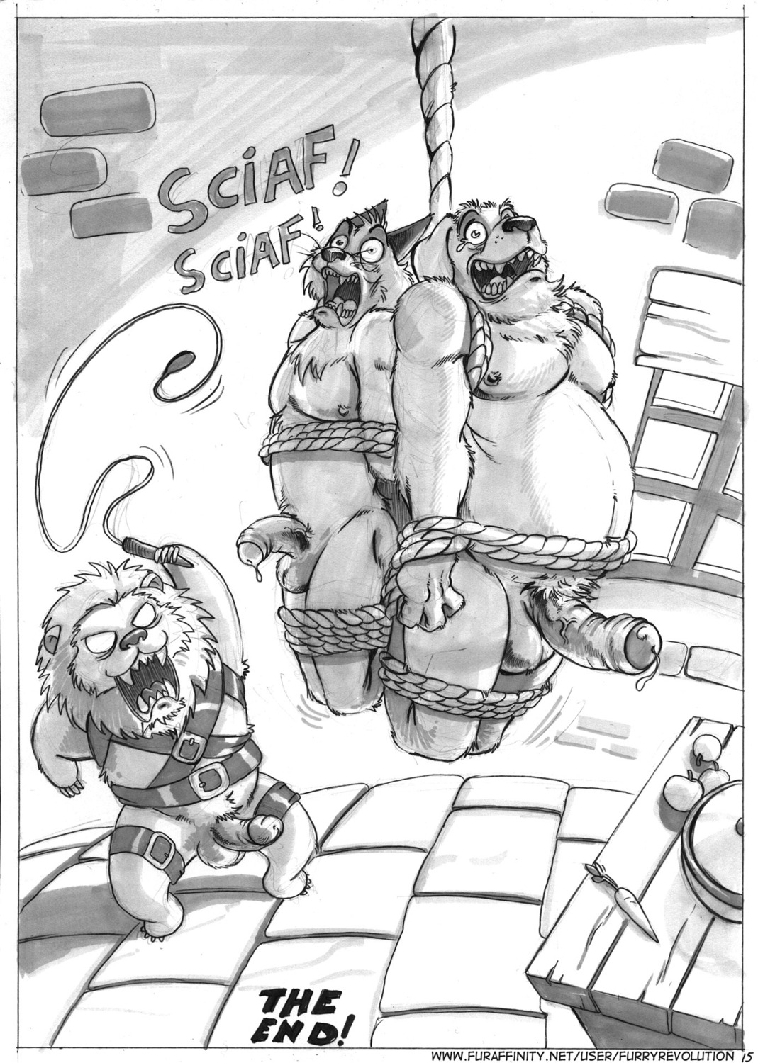 anal anthro apple big_penis bodily_fluids bound canid canine canis chef comic cum cum_inside domestic_dog dominant dominant_male e621 english_text erection felid food foreskin fox fruit furryrevolution genital_fluids genitals greyscale group hi_res huge_penis humanoid_genitalia humanoid_penis kitchen lion male male/male male_penetrated male_penetrating male_penetrating_male mammal monochrome nude overweight pain pantherine partially_retracted_foreskin penetration penis plant retracted_foreskin sex submissive submissive_male text url whip whipping