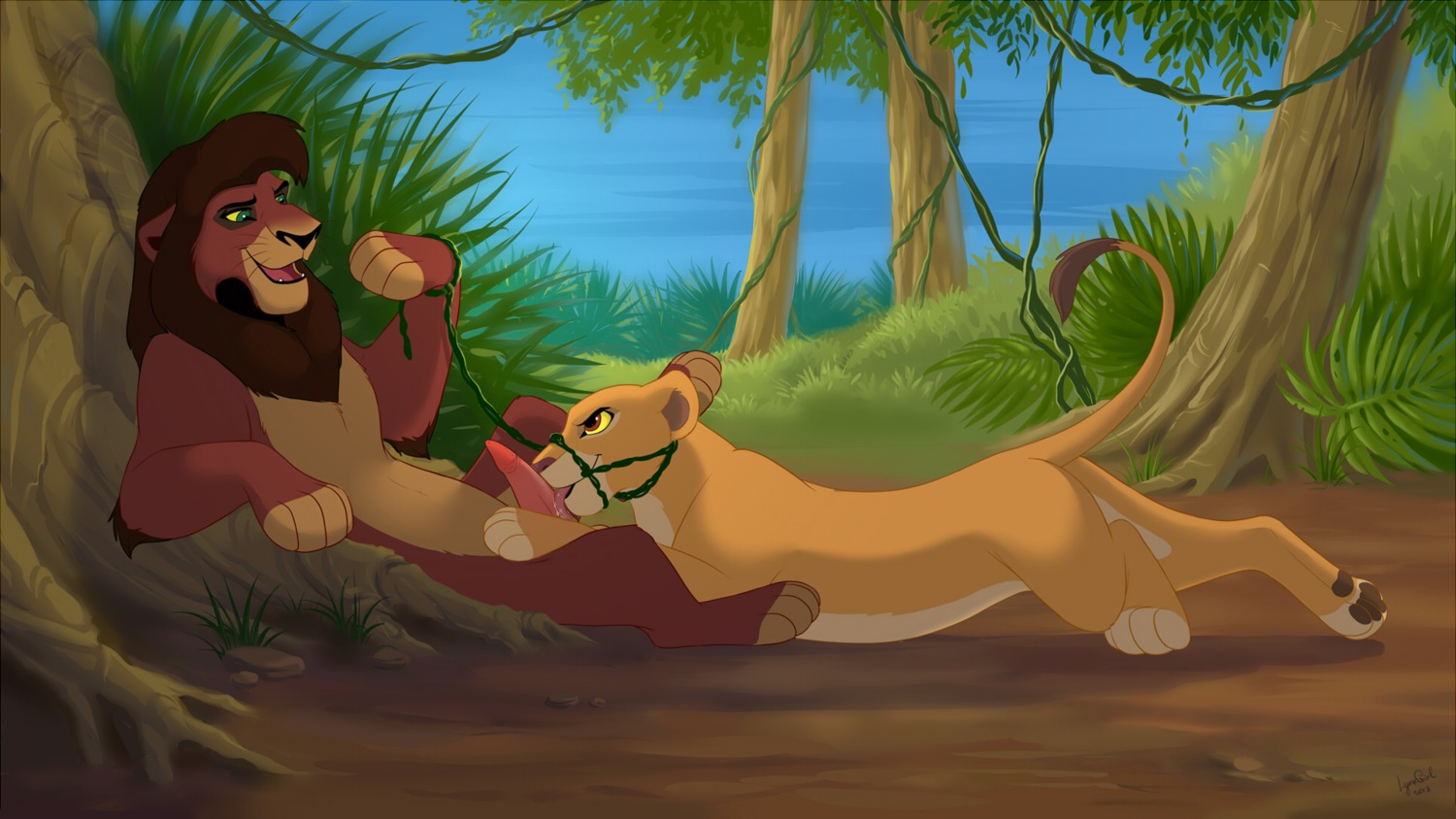 16:9 2013 bdsm bondage bound bridle brown_eyes canon_couple detailed_background digitigrade disney dominant dominant_male duo e621 erection felid fellatio female female_feral feral feral_on_feral forest genitals hi_res jungle kiara_(the_lion_king) kovu_(the_lion_king) licking lion lying male male/female male_feral mammal nature nude on_back on_side oral outside pantherine penile penis penis_lick plant quadruped reallynxgirl reins romantic romantic_couple sex sky smile tail tail_tuft the_lion_king tongue tongue_out tree tuft water widescreen yellow_sclera