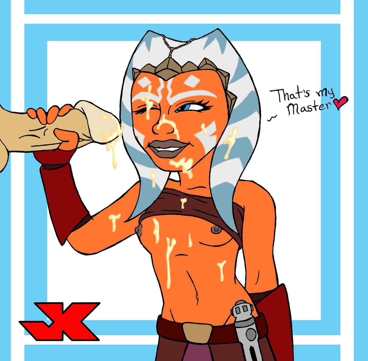 1boy 1girls ahsoka_tano big_penis breasts clone_wars cum cum_on_breasts cum_on_face female jedi jedi_padawan jk lightsaber_hilt male orange_skin penis rule34 shirt_lift smile star_wars the_clone_wars:_season_one togruta yellow_cum