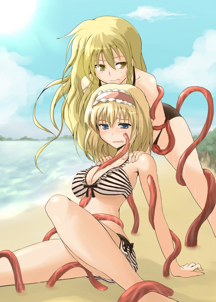 alice_margatroid beach between_breasts bikini blonde_hair blue_eyes breasts female hairband haji_(hajiko) hajiko human large_breasts long_hair marisa_kirisame multiple_females multiple_girls pussy pussy_juice rule34 short_hair swimsuit tentacle tentacle_between_breasts touhou yellow_eyes