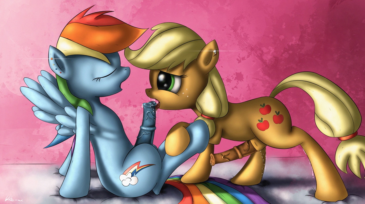 2013 absurd_res applejack_(mlp) blonde_hair blue_body blue_feathers blue_fur bodily_fluids crossgender cutie_mark duo e621 ear_piercing earth_pony equid equine erection eyes_closed feathered_wings feathers fellatio feral freckles friendship_is_magic fur genital_fluids genitals green_eyes gynomorph hair hasbro hi_res horse intersex licking male male/male male_penetrated male_penetrating male_penetrating_male mammal multicolored_hair my_little_pony mythological_creature mythological_equine mythology neko-me oral orange_body orange_fur pegasus penetration penile penis penis_lick piercing pony rainbow_dash_(mlp) rainbow_hair sex sitting tongue tongue_out vaginal_fluids wings