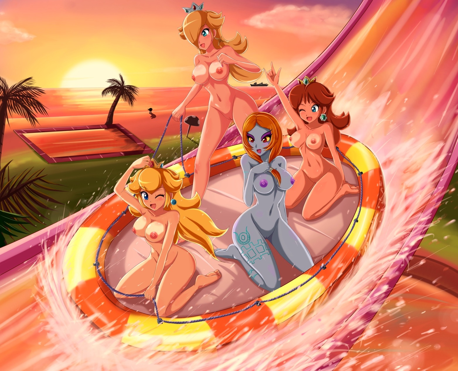 4girls abs aqua_eyes armpits arms_up beach big_breasts blonde_hair blue_eyes blue_skin blush breasts brown_hair completely_nude crossover crown daisy_cruiser earrings female female_only full_body hair hair_over_one_eye hairless_pussy happy hourglass_figure human kneeling large_breasts long_hair mario_(series) midna multiple_females multiple_girls naked naked_female navel nintendo nude nude_female princess_daisy princess_peach princess_rosalina pussy raft red_eyes red_hair rosetta_(super_mario_galaxy) rule34 sexy_armpits sigurdhosenfeld slide smooth_skin sunset super_mario_bros. super_mario_sunshine tattoo the_legend_of_zelda toned twili twili_midna twilight_princess uncensored wariza water water_slide waterpark wink zenra