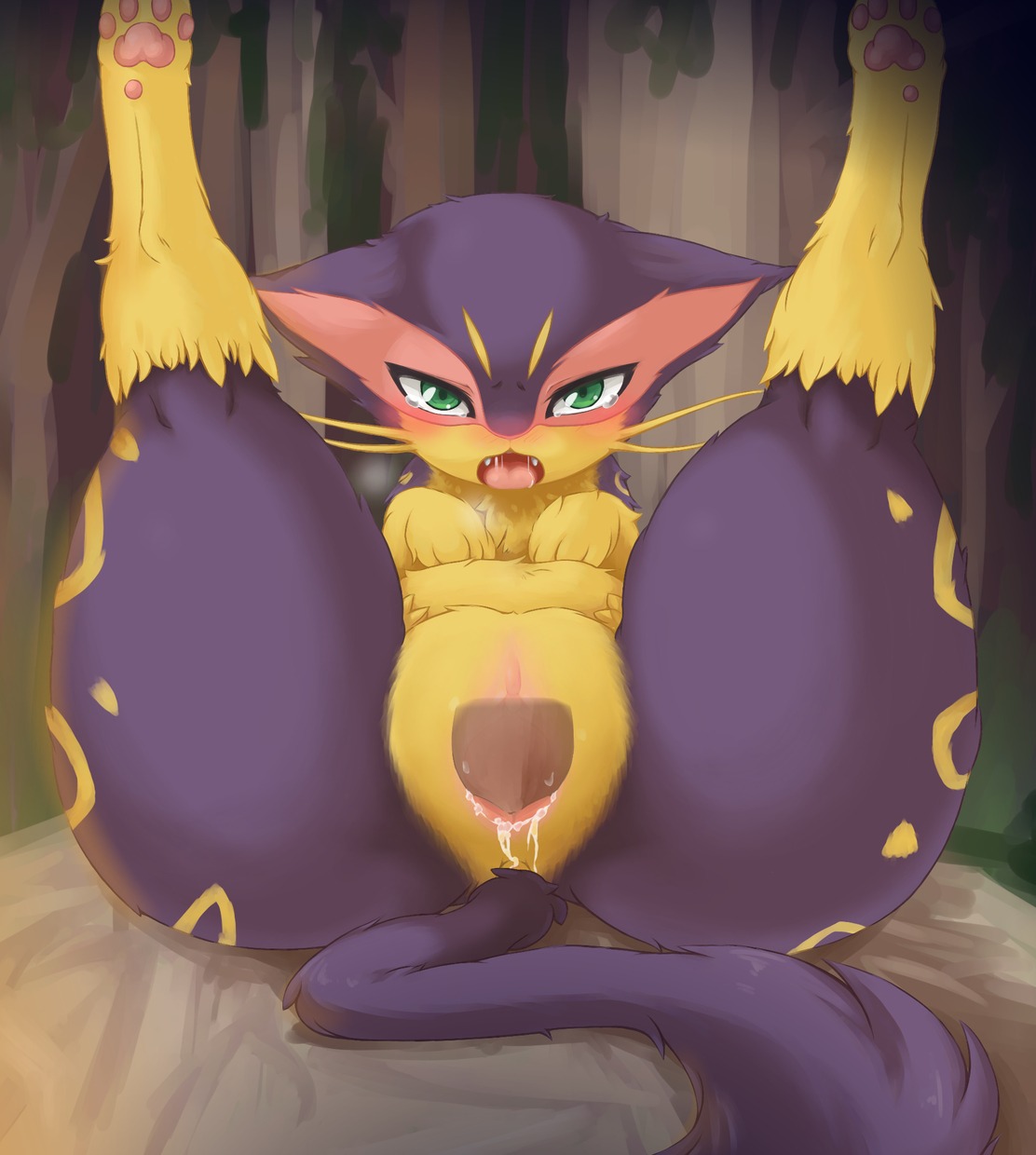 blush bodily_fluids chipar cool_colors cum disembodied_penis duo e621 erection fangs felid female female_focus female_on_human female_penetrated feral first_person_view fur generation_5_pokemon genital_fluids genitals green_eyes hi_res human kemono legs_up liepard looking_at_viewer lying male male/female male_penetrating male_penetrating_female mammal nintendo on_back open_mouth pawpads paws penetration penile penile_penetration penis penis_in_vagina plant pokemon pokemon_(species) purple_body purple_fur saliva sex solo_focus tail tears teeth tree vaginal vaginal_penetration vulva wood