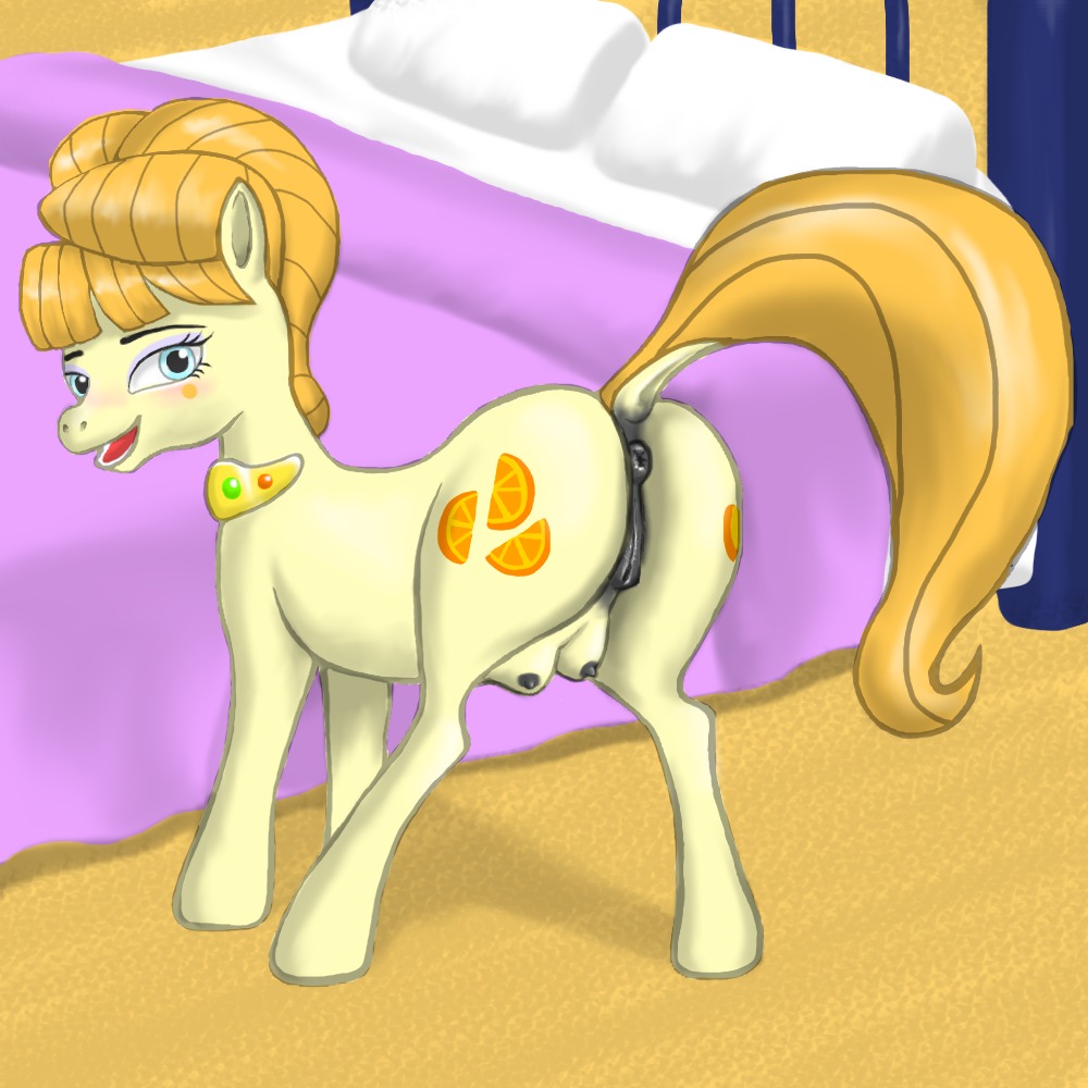 1:1 2013 anus aunt_orange_(mlp) bed butt cutie_mark e621 earth_pony equid equine female feral friendship_is_magic fur furniture genitals hair hasbro horse jewelry looking_at_viewer looking_back mammal markings mole_(marking) my_little_pony necklace nipples open_mouth orange_hair pamas pillow pony presenting presenting_hindquarters solo teats vulva yellow_body yellow_fur