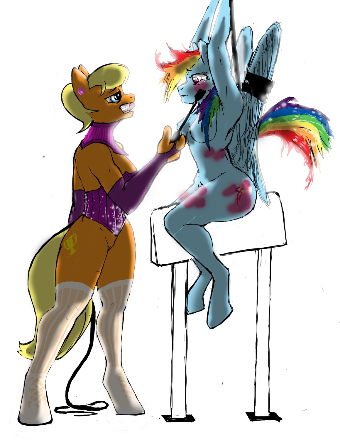 2014 absurd_res anthro anthrofied arms_above_head armwear bdsm blonde_hair blue_body blue_eyes blue_feathers blue_fur bodily_fluids bondage bottomless bound breasts bruised clothed clothing corset cutie_mark dominant dominant_female duo e621 ear_piercing earth_pony elbow_gloves equid equine feathered_wings feathers female female/female fingerless_gloves friendship_is_magic fur genitals gloves hair half-closed_eyes handwear hasbro hi_res horse legwear lingerie looking_down looking_up mammal ms._harshwhinny_(mlp) multicolored_hair multicolored_tail my_little_pony mythological_creature mythological_equine mythology narrowed_eyes nude open_mouth orange_body orange_fur pegasus piercing pony purple_eyes rainbow_dash_(mlp) rainbow_hair rainbow_tail riding_crop simple_background sitting standing stockings submissive submissive_female tail tears teeth threewontoo tongue tongue_out topwear vulva whip white_background wings wooden_horse_(device) wounded