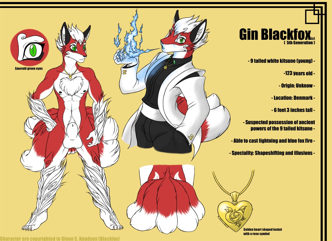 2008 animal_genitalia anthro balls biped black_nipples blackfox85 canid canine chest_tuft clothed clothing digital_media_(artwork) e621 english_text fox fully_sheathed fur genitals gin_(blackfox85) green_eyes hair jewelry male mammal model_sheet multi_tail necklace nipples nude sheath simple_background solo tail text tuft white_hair yellow_background