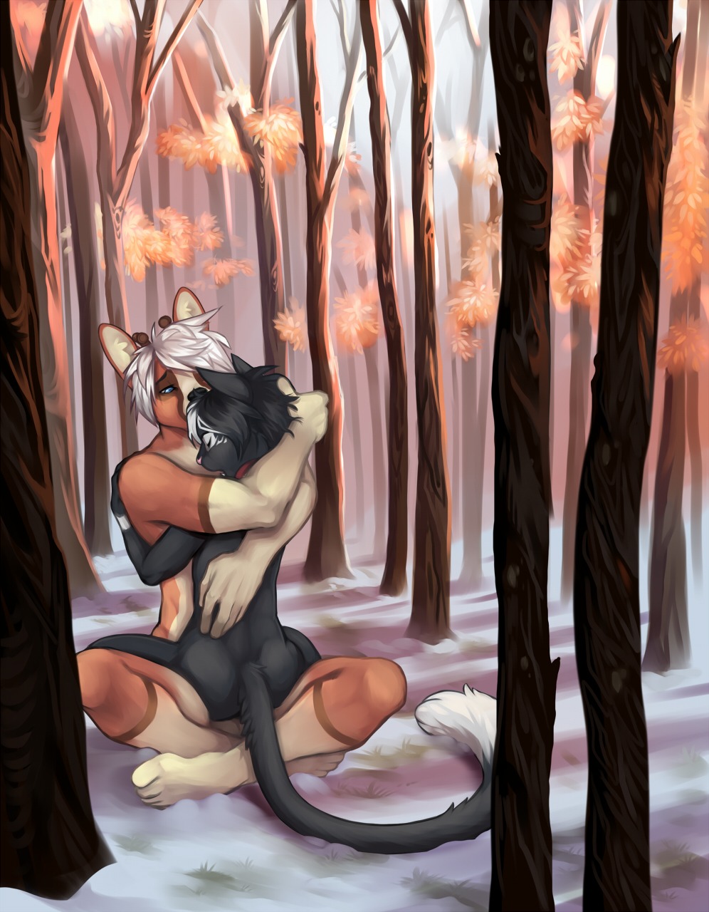 2013 anthro anthro_on_anthro arm_around_neck black_body black_fur black_hair black_nose blue_eyes brown_body brown_fur butt crossed_legs deer demicoeur detailed_background digital_media_(artwork) domestic_cat duo e621 eyes_closed felid feline felis forest from_front_position fur grey_body grey_fur grey_hair hair hand_on_back hand_on_shoulder hi_res hug leg_markings leg_wrap lotus_position male male/male mammal markings nude on_lap orange_body orange_fur outside pink_nose plant romantic romantic_ambiance romantic_couple sex short_hair sitting sitting_on_lap snow socks_(marking) tail tree white_hair winter