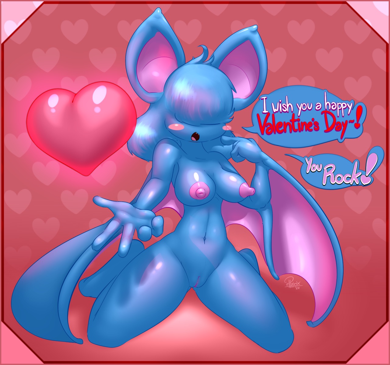 2014 5_fingers anthro anthrofied bangs bangs_(elpatrixf) barefoot bat big_ears big_nipples biped blush border breasts dialogue e621 elpatrixf english_text exclamation_point fan_character feet female fingers generation_1_pokemon genitals glistening hair hair_over_eyes happy heart_symbol hi_res holidays long_hair mammal membrane_(anatomy) membranous_wings navel nintendo nipples nude on_ground open_mouth pink_background pokemon pokemon_(species) pokemorph raised_arm red_border shadow simple_background sitting smile solo text tongue valentine's_day vulva winged_arms wings zubat