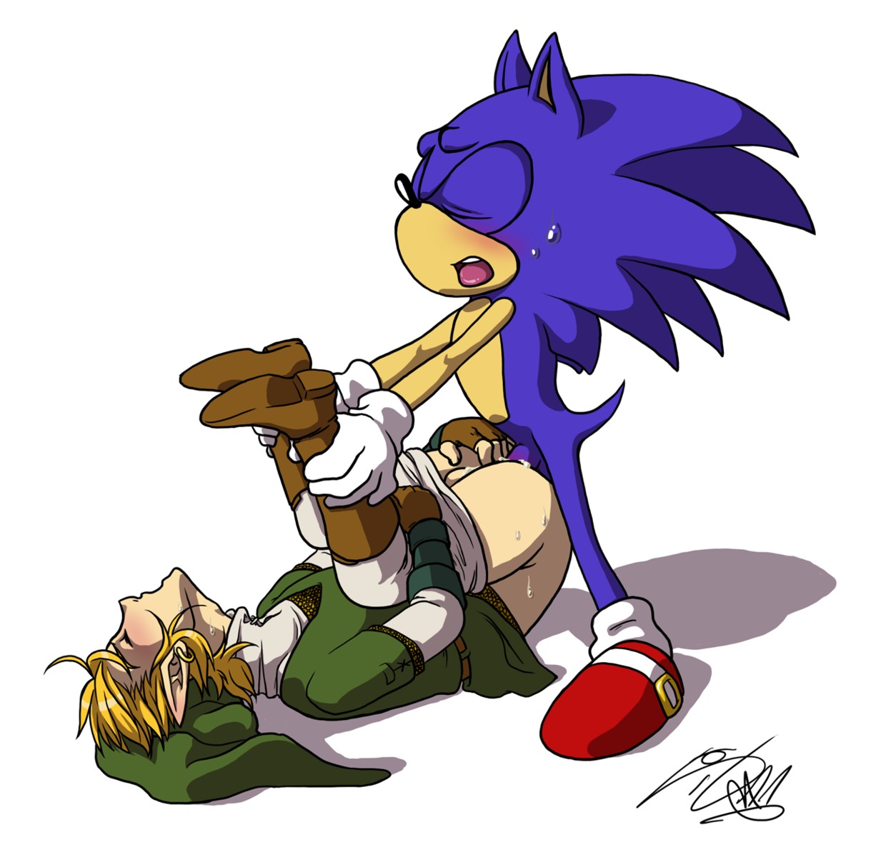 anal anal_penetration anthro blonde_hair blue_body blue_fur bottomless clothed clothing crossover duo e621 ear_piercing erection eulipotyphlan fur genitals green_clothing green_headwear hair hat headgear headwear hedgehog hi_res humanoid hylian link male male/male male_penetrated male_penetrating male_penetrating_male mammal nintendo penetration penis piercing rockgaara sega sex shirt side_mouth sonic_the_hedgehog sonic_the_hedgehog_(series) super_smash_bros. tan_body tan_skin the_legend_of_zelda topwear tunic