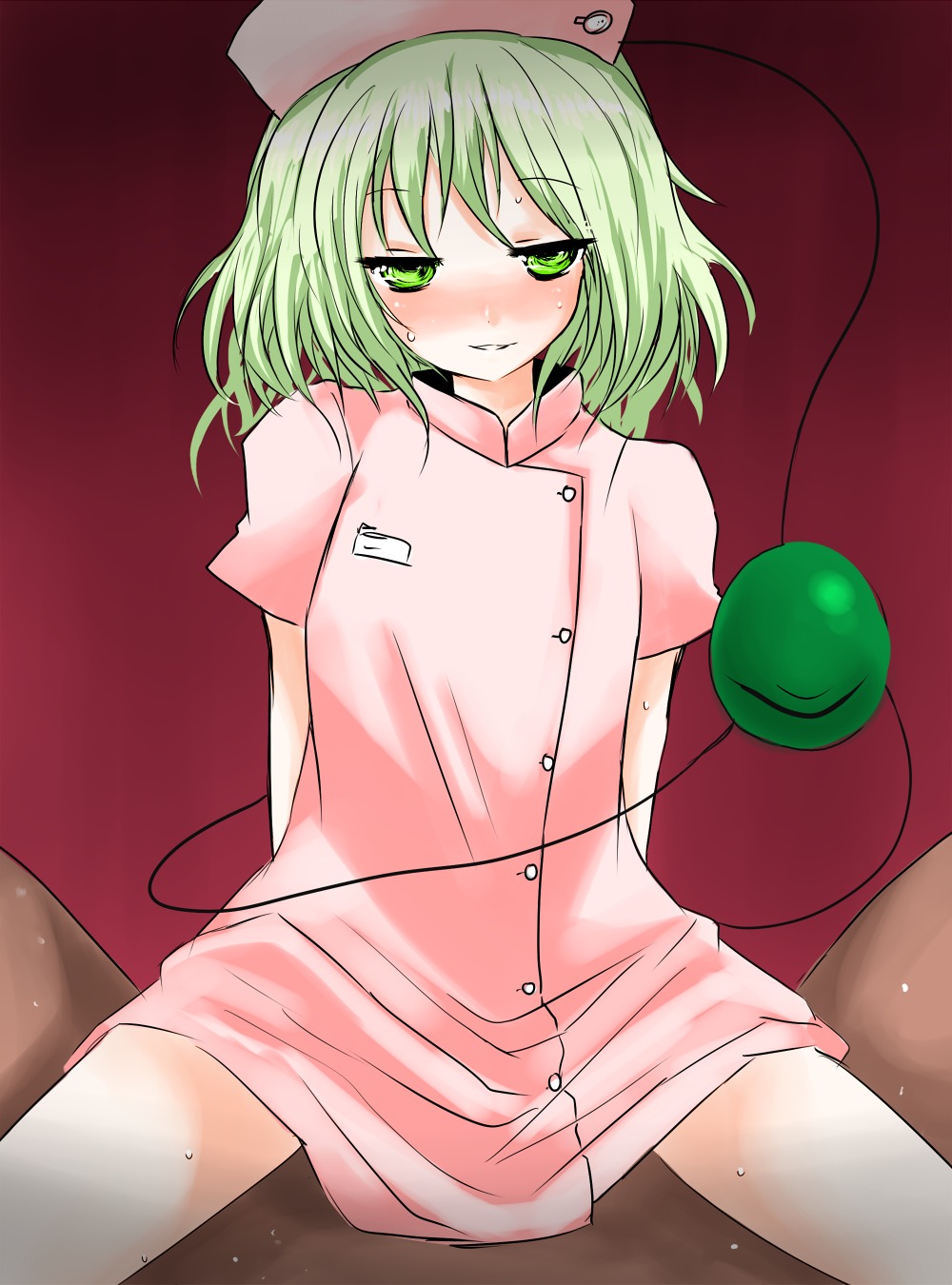 1boy 1girls 2d assertive clothed_sex cowgirl_position dark-skinned_male dark_skin female female_focus green_eyes green_hair han64 han_(jackpot) highres koishi_komeiji light-skinned_female light_skin looking_at_viewer male male_pov naughty_face nurse pov sex straddle straight straight_hair team_shanghai_alice touhou under_skirt