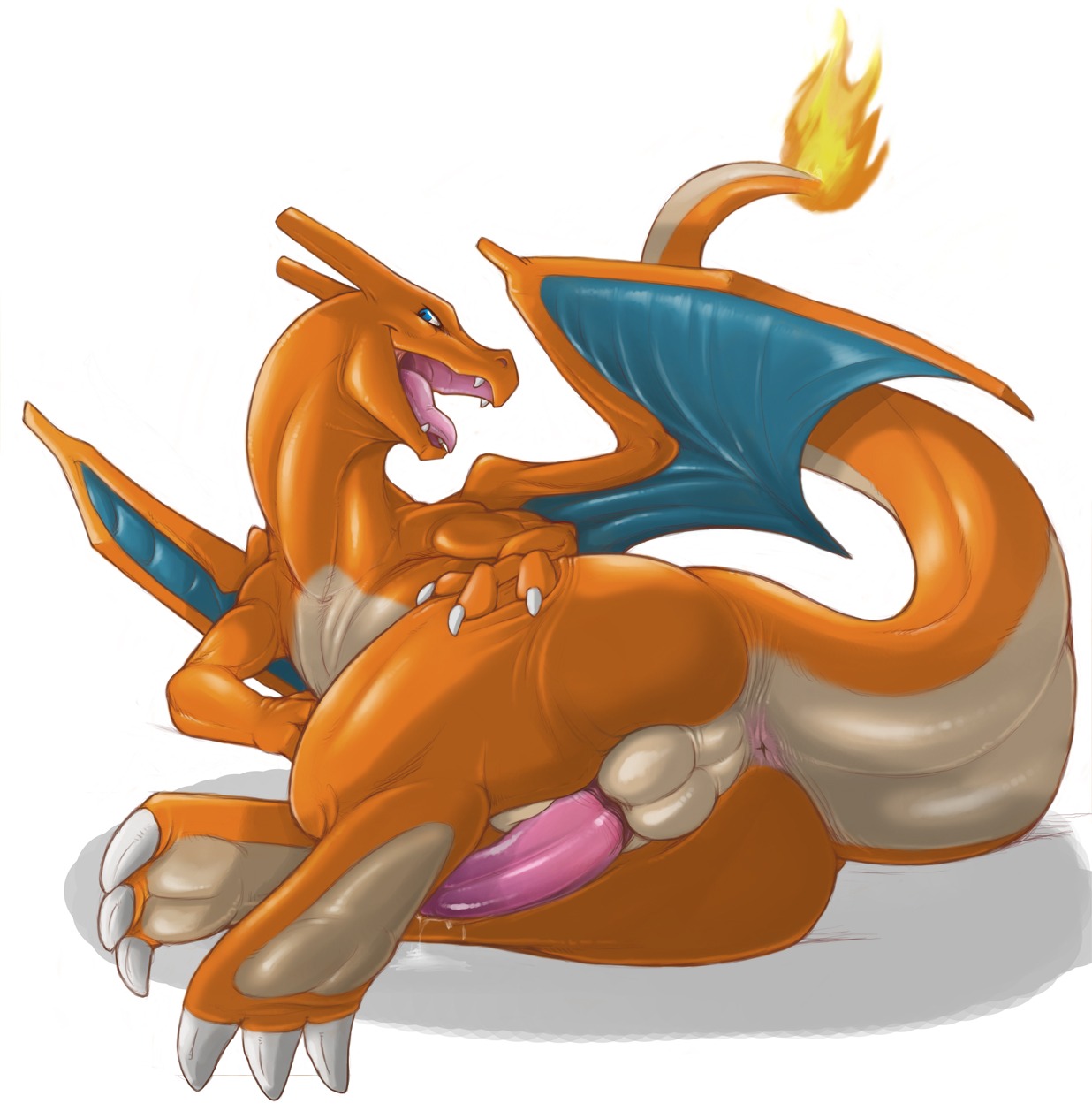 2009 anus backsack balls big_butt blue_eyes bodily_fluids butt charizard claws dragon e621 erection european_mythology fangs feet feral fire flaming_tail generation_1_pokemon genital_fluids genitals hi_res hindpaw horn looking_at_viewer looking_back lying male membrane_(anatomy) membranous_wings mythological_creature mythological_scalie mythology narse naughty_face nintendo non-mammal_balls nude on_side open_mouth orange_body orange_skin paws penis penis_tuck perineum pokemon pokemon_(species) precum presenting presenting_anus presenting_hindquarters raised_tail reclining scalie simple_background smile solo spread_butt spreading tail tail_anus tapering_penis teeth thick_tail tongue tongue_out western_dragon white_background wings