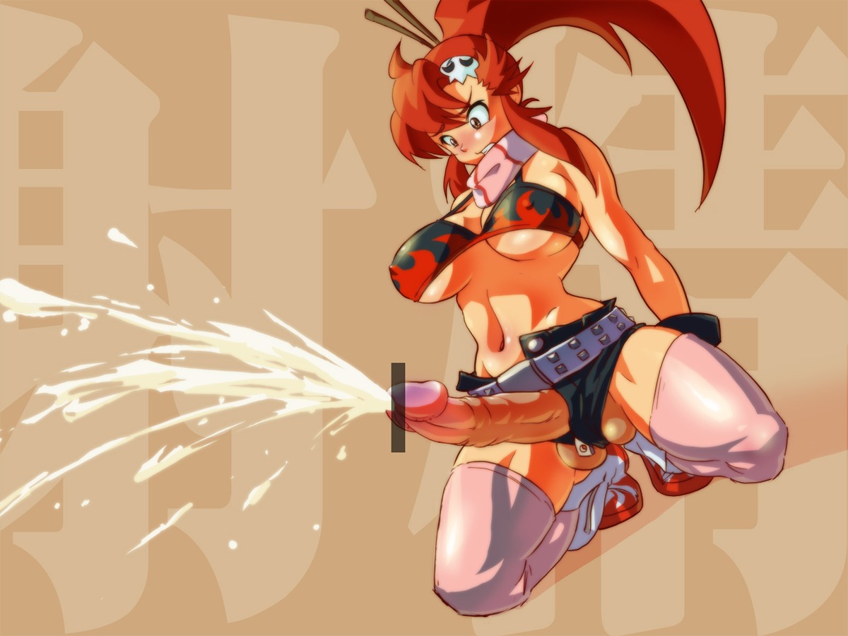 1futa belt bikini_top blush body_blush breasts brown_eyes censored cum ejaculation erect_nipples futa_only futanari hair hair_ornament handsfree_ejaculation huge_breasts huge_cock intersex kneeling long_hair midriff mikoyan nipples penis ponytail red_hair rule34 scarf shorts solo solo_futa tengen_toppa_gurren_lagann thick_thighs thighhighs tied_hair unbuttoned underboob yoko_littner