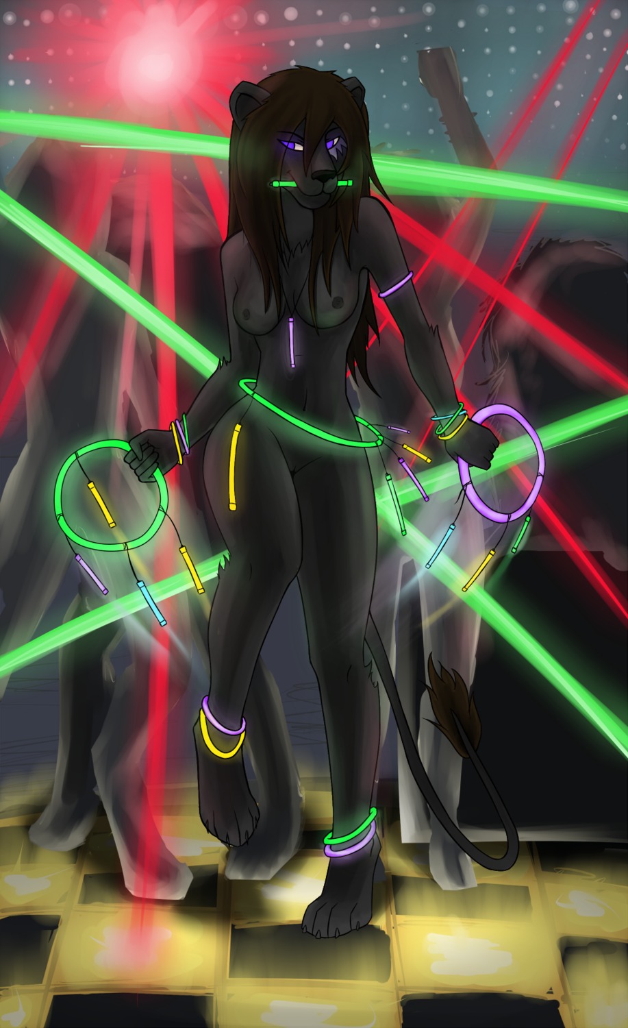 2012 anthro biped breasts brown_hair dancing e621 facial_markings felid female fur genitals glistening glowing glowstick grey_body grey_fur hair head_markings hi_res lion long_hair looking_at_viewer mammal markings music nightclub nipples nude pandora_(shinneko) pantherine pose public purple_eyes rave shinneko smile solo standing tail tail_tuft tuft vulva