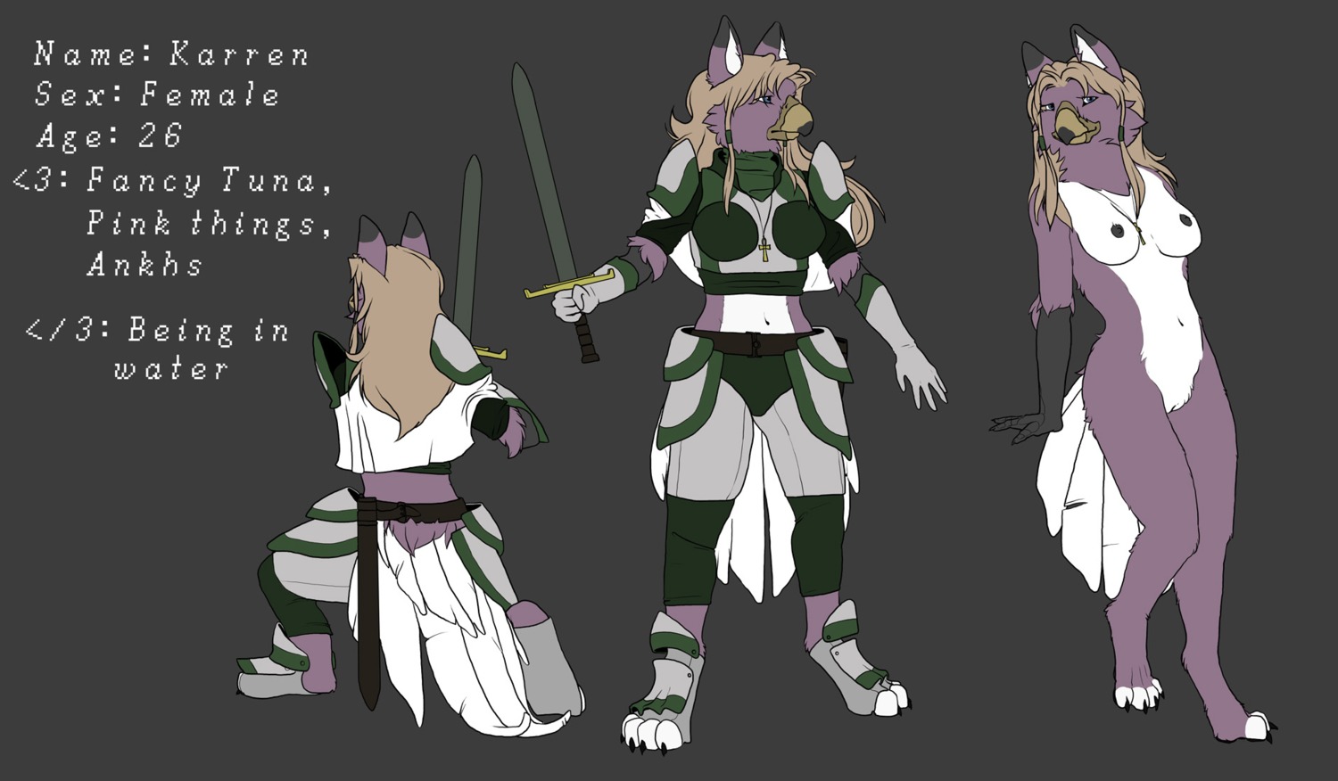 anthro armor avian beak bleuhawke breasts e621 english_text feathers female genitals group gryphon hi_res jewelry karren melee_weapon mythological_avian mythological_creature mythology nipples non-mammal_breasts non-mammal_nipples nude standing sword text vulva weapon