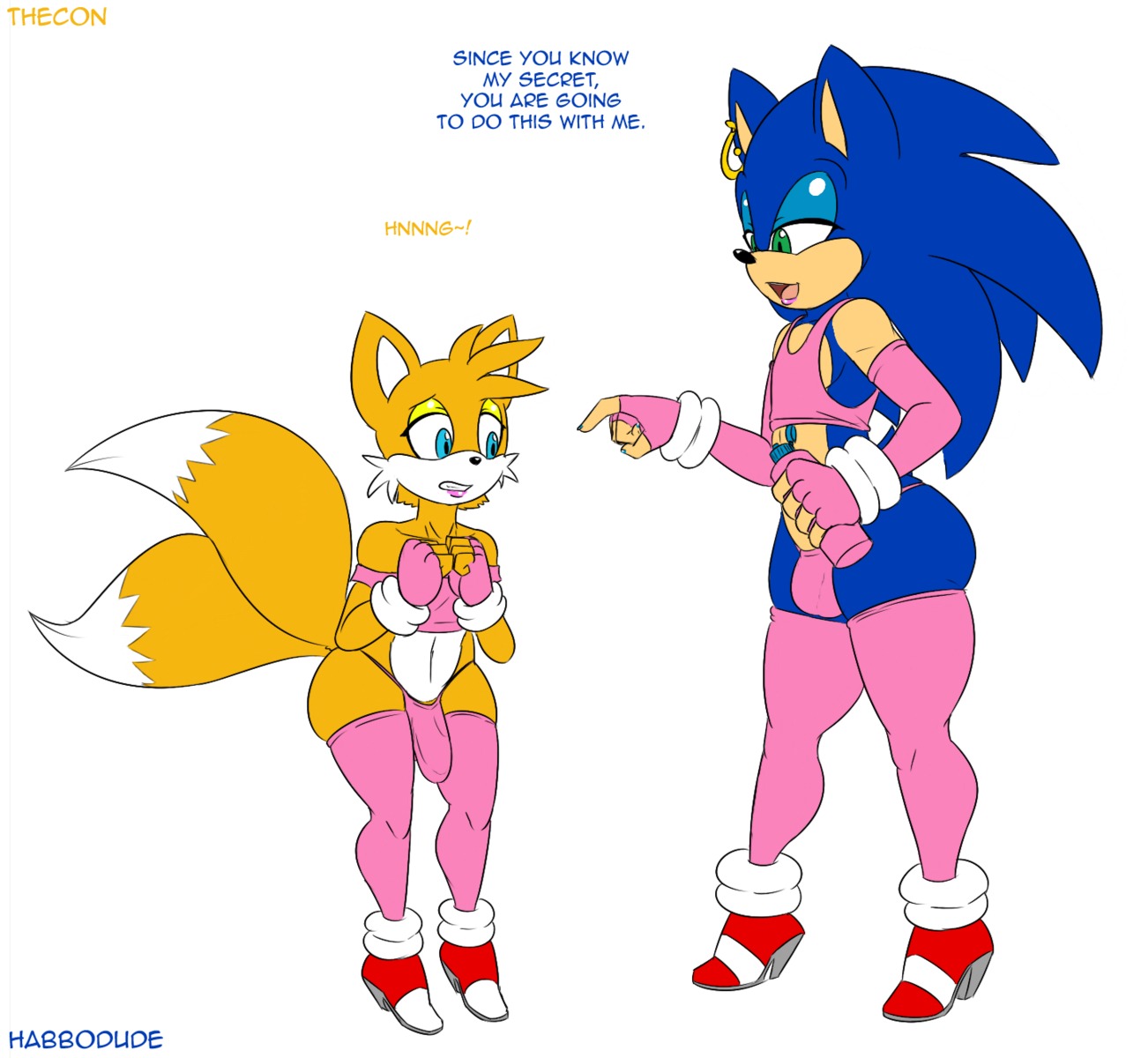 anthro anthrofied blue_body blue_eyes blue_fur blue_hair bulge canid canine clothed clothing crossdressing dialogue dipstick_tail duo e621 ear_piercing english_text erection erection_under_clothing eulipotyphlan femboy footwear fox fur green_eyes habbodude hair hedgehog hi_res male mammal markings miles_prower orange_hair piercing sega shoes sonic_the_hedgehog sonic_the_hedgehog_(series) tail tail_markings text thecon