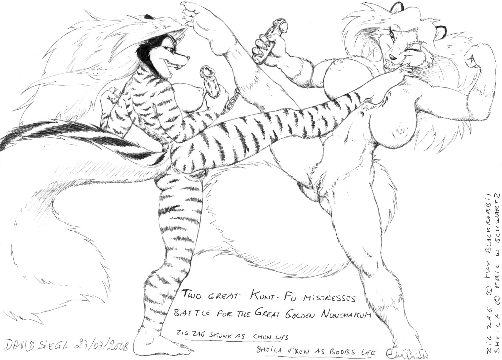 2008 4_toes action_pose anthro asthexiancal big_breasts black_and_white breasts butt butt_from_the_front canid canine claws competition dildo dipstick_tail double_dildo duo e621 english_text erect_nipples feet female fight fluffy fluffy_tail fox fur genitals gloves_(marking) hi_res kick mammal markings melee_weapon mephitid monochrome multicolored_tail navel nipples nude nude_anthro nude_female nunchaku one_eye_closed open_mouth pose raised_leg sex_toy sexual_competition sexual_fight sheila_vixen simple_background sketch skunk smile spread_legs spreading striped_body striped_fur striped_markings striped_tail stripes tail tail_markings text toe_claws toes violence vulva weapon white_background zig_zag