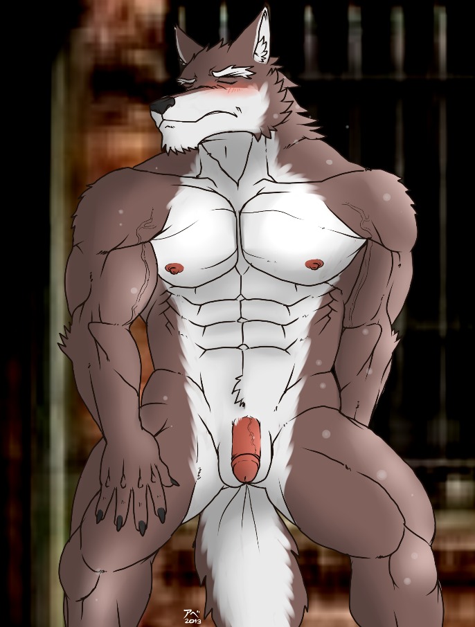 2013 abs animal_genitalia anthro athletic balls biceps big_muscles biped black_nose blush brown_body brown_fur canid canine canis claws e621 eyes_closed flaccid front_view fur genitals hentist hideo_katashi humanoid_genitalia humanoid_penis male mammal muscular muscular_anthro muscular_male nipples nude pecs penis pose presenting sheath solo standing vein white_body white_fur wolf