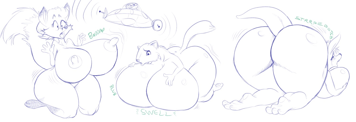 absurd_res anthro big_breasts big_butt breast_expansion breasts butt butt_expansion canid canine dawmino digital_drawing_(artwork) digital_media_(artwork) duo e621 english_text expansion female flying_saucer fox fur growth hair hi_res huge_breasts huge_butt hyper hyper_breasts inflation kangaroo macropod magic mammal marsupial monochrome mustelid musteline nipples nude solo_focus spot_color text thick_thighs true_musteline weasel wide_hips
