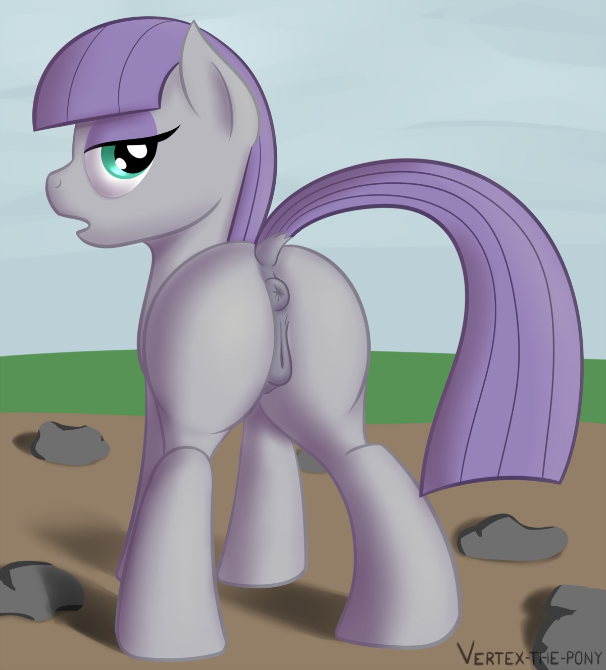 2014 absurd_res anus blue_eyes butt e621 earth_pony equid equine female feral friendship_is_magic fur genitals grey_body grey_fur hair half-closed_eyes hasbro hi_res horse looking_at_viewer looking_back mammal maud_pie_(mlp) my_little_pony narrowed_eyes nipples open_mouth outside pony purple_hair rock solo standing vertex vulva