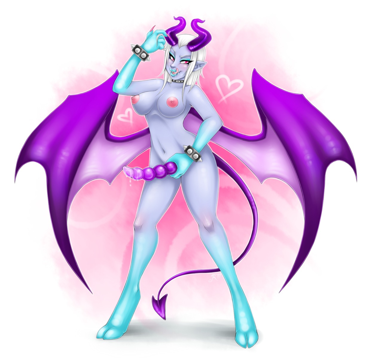 2011 blue_lips blue_skin bracelet breasts claws collar demon dildo female grin hair heart hooves horns jewelry lips long_hair makeup nails navel nipples nude pointy_ears red_eyes roum rule34 sex_toy simple_background solo spiked_bracelet spiked_collar standing tail thighs tongue tongue_out white_hair wings