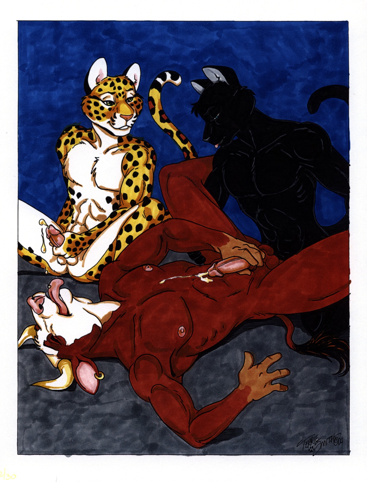 2004 abs absurd_res anal anal_penetration anthro anthro_on_anthro anthro_penetrated anthro_penetrating anthro_penetrating_anthro athletic athletic_anthro athletic_male balls biped bodily_fluids bovid bovine cattle cum e621 ear_piercing ear_ring erection felid feline genital_fluids genitals group group_sex hi_res horn humanoid_genitalia humanoid_penis interspecies leopard male male/male male_penetrated male_penetrating male_penetrating_male mammal muscular muscular_anthro muscular_male nipples pantherine pecs penetration penis piercing pounding_ass ring_piercing sex signature tail terrie_smith threesome thrusting traditional_media_(artwork)