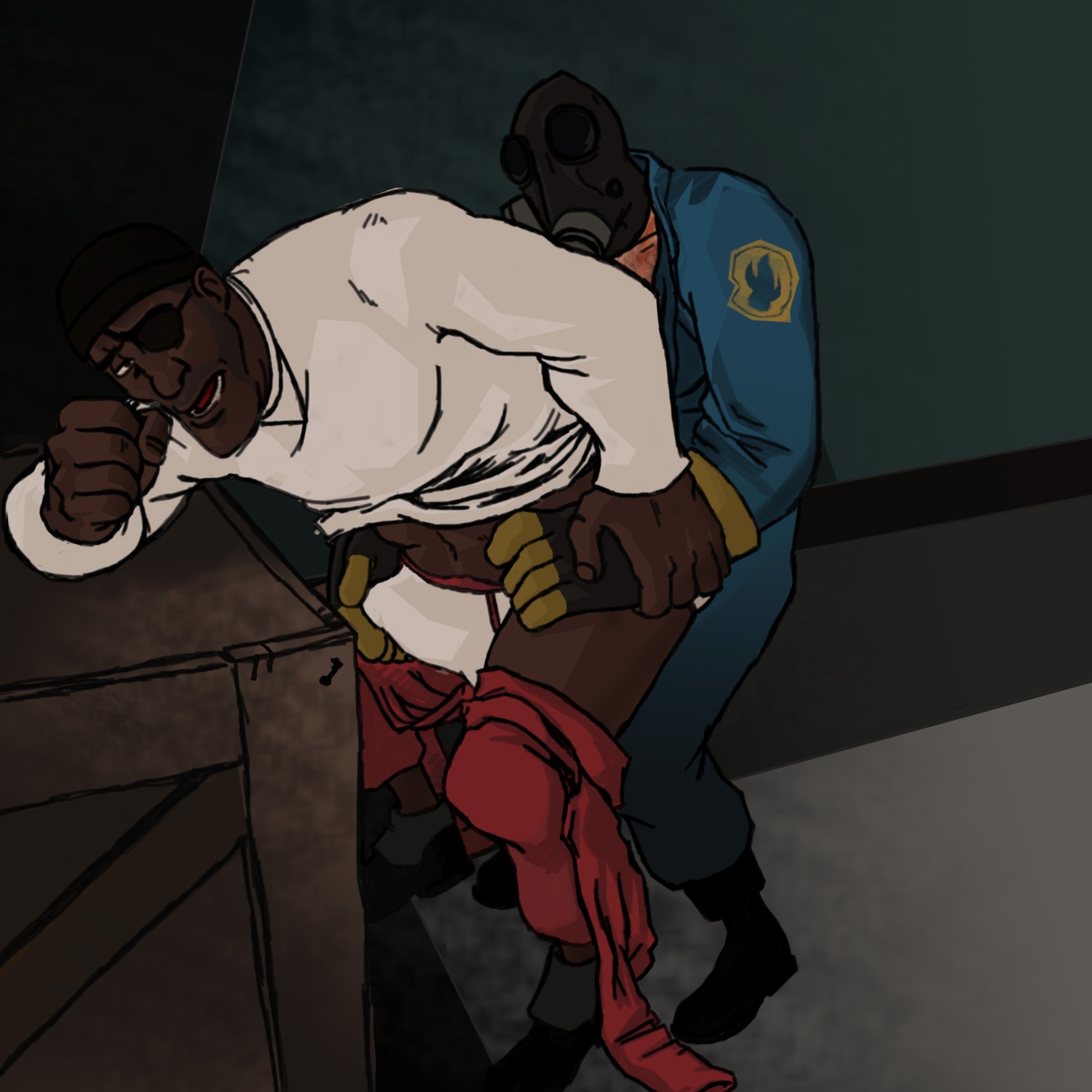 2boys 2d demoman_(team_fortress_2) human human_male human_only male male_only pyro_(team_fortress_2) rule34 team_fortress_2 yaoi
